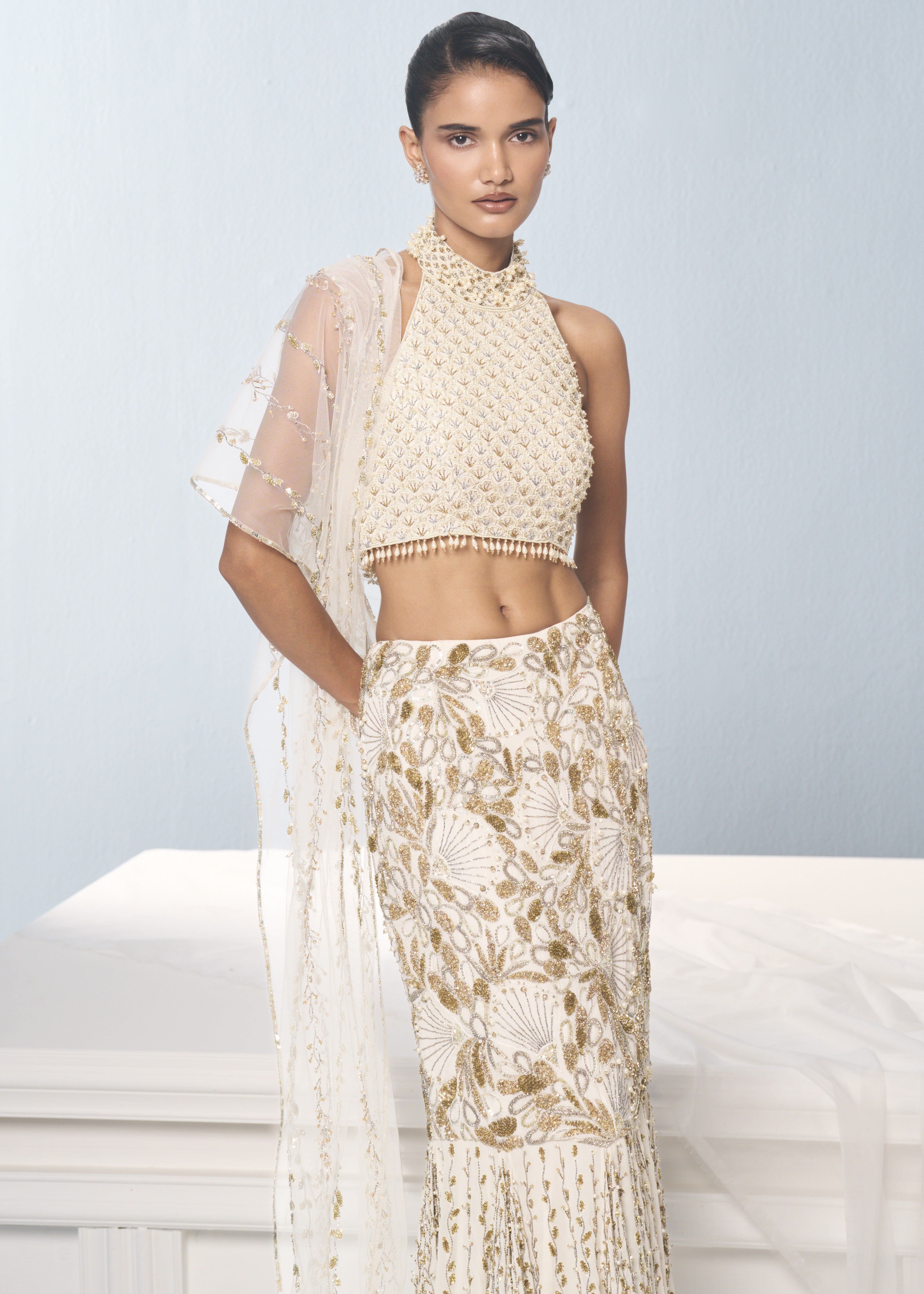 Ivory Georgette Fit And Flare Lehenga Set