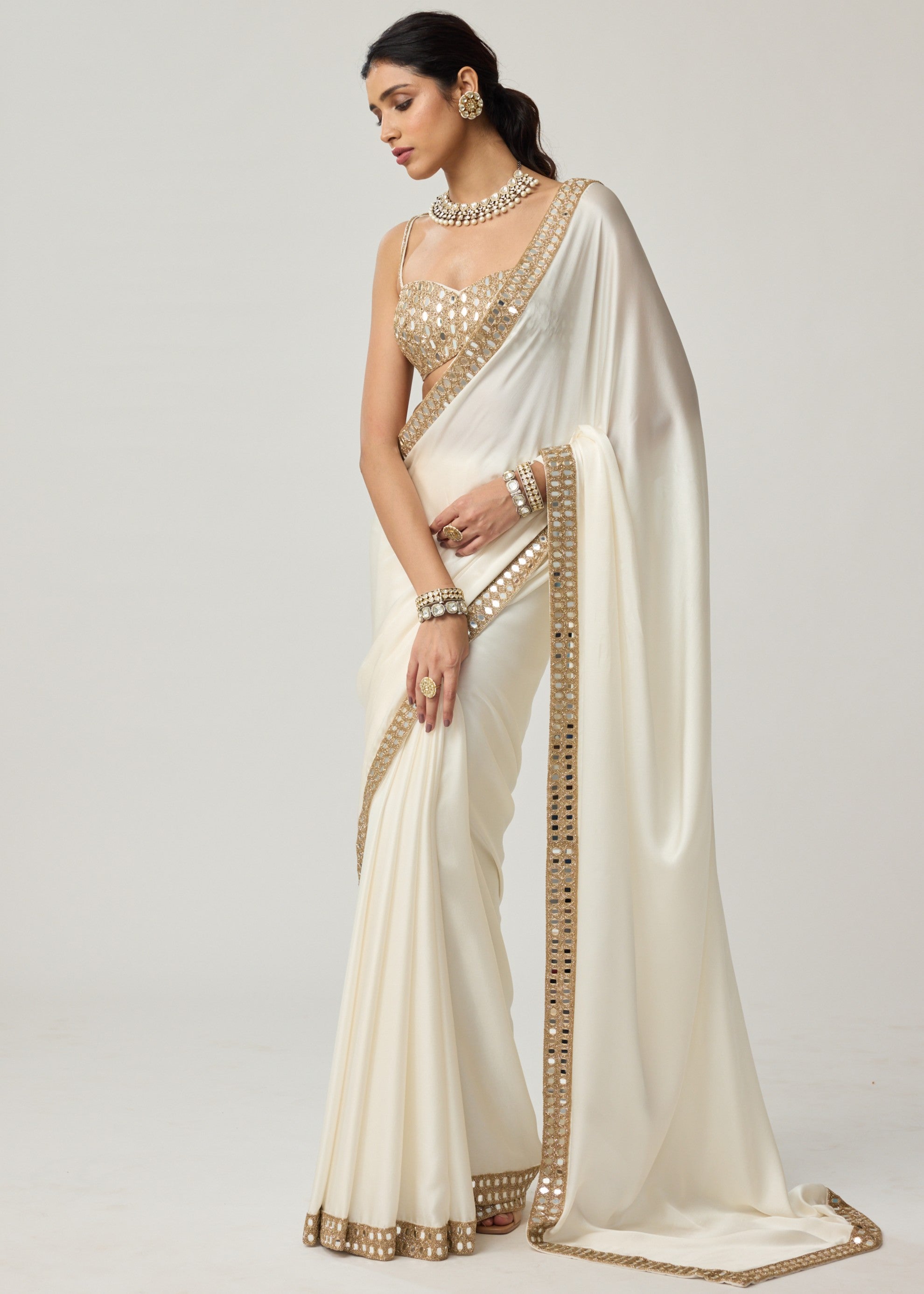 Off White Mirror Satin Sari Set