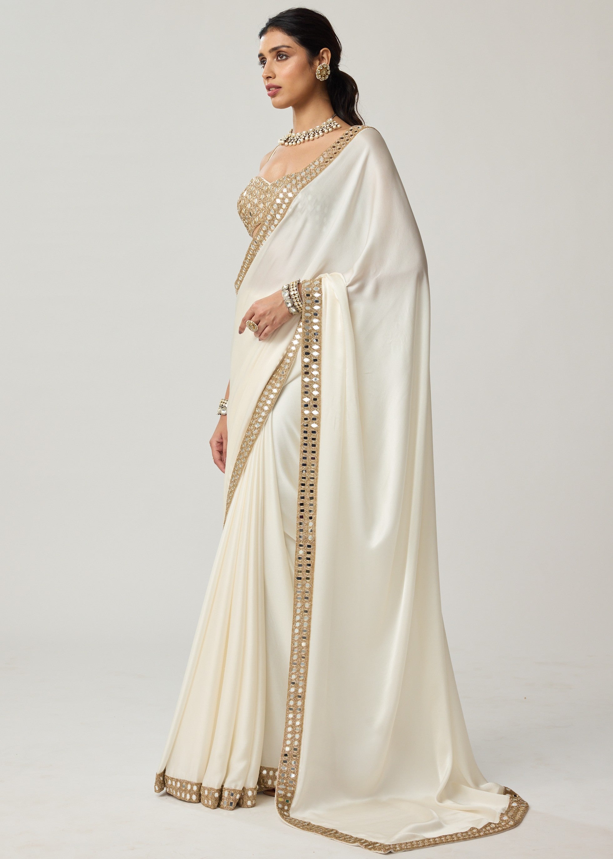 Off White Mirror Satin Sari Set