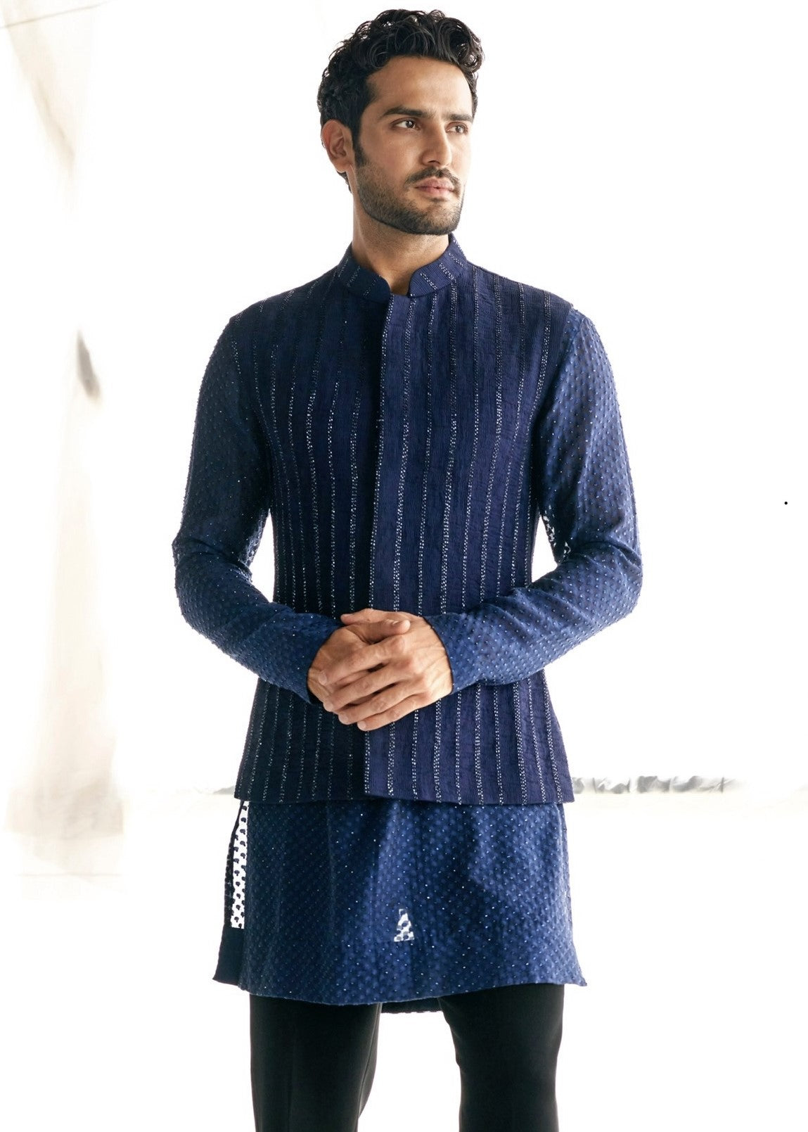 Blue Cutdana Nehru Paired With Blue Swarovski Kurta