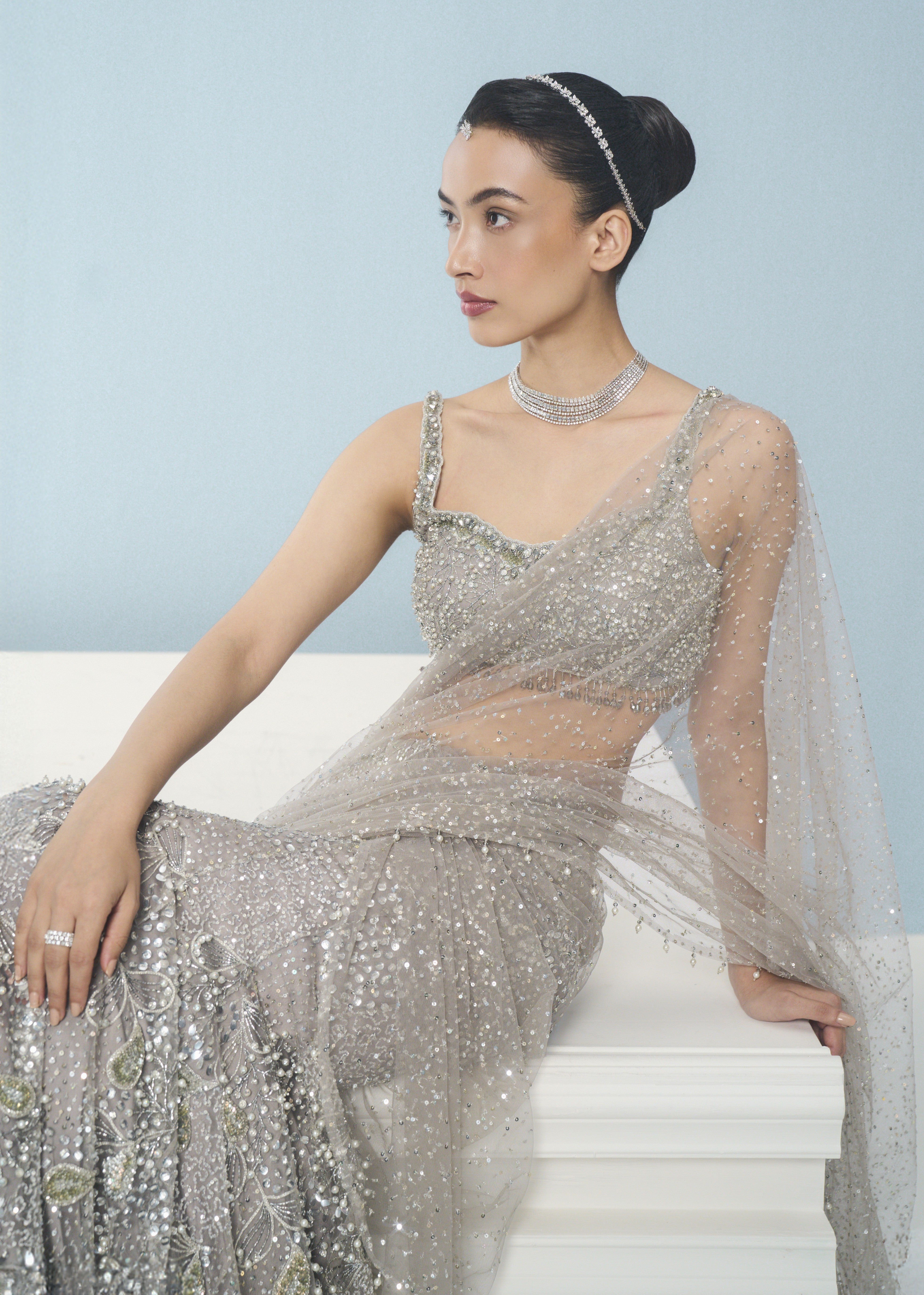 Silver Grey Tulle Drape Lehenga Set