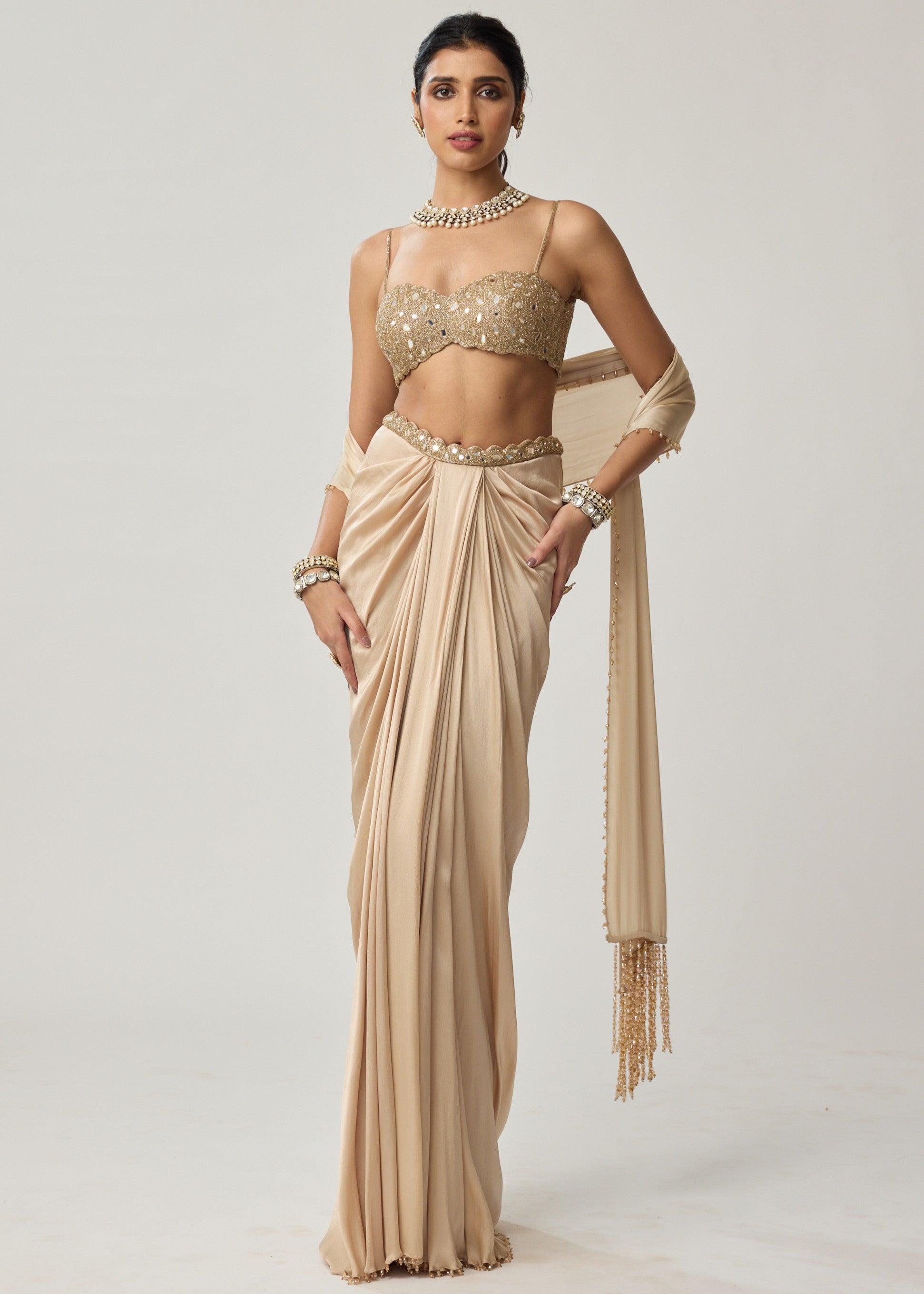 Light Beige Mirror Satin Draped Skirt Set