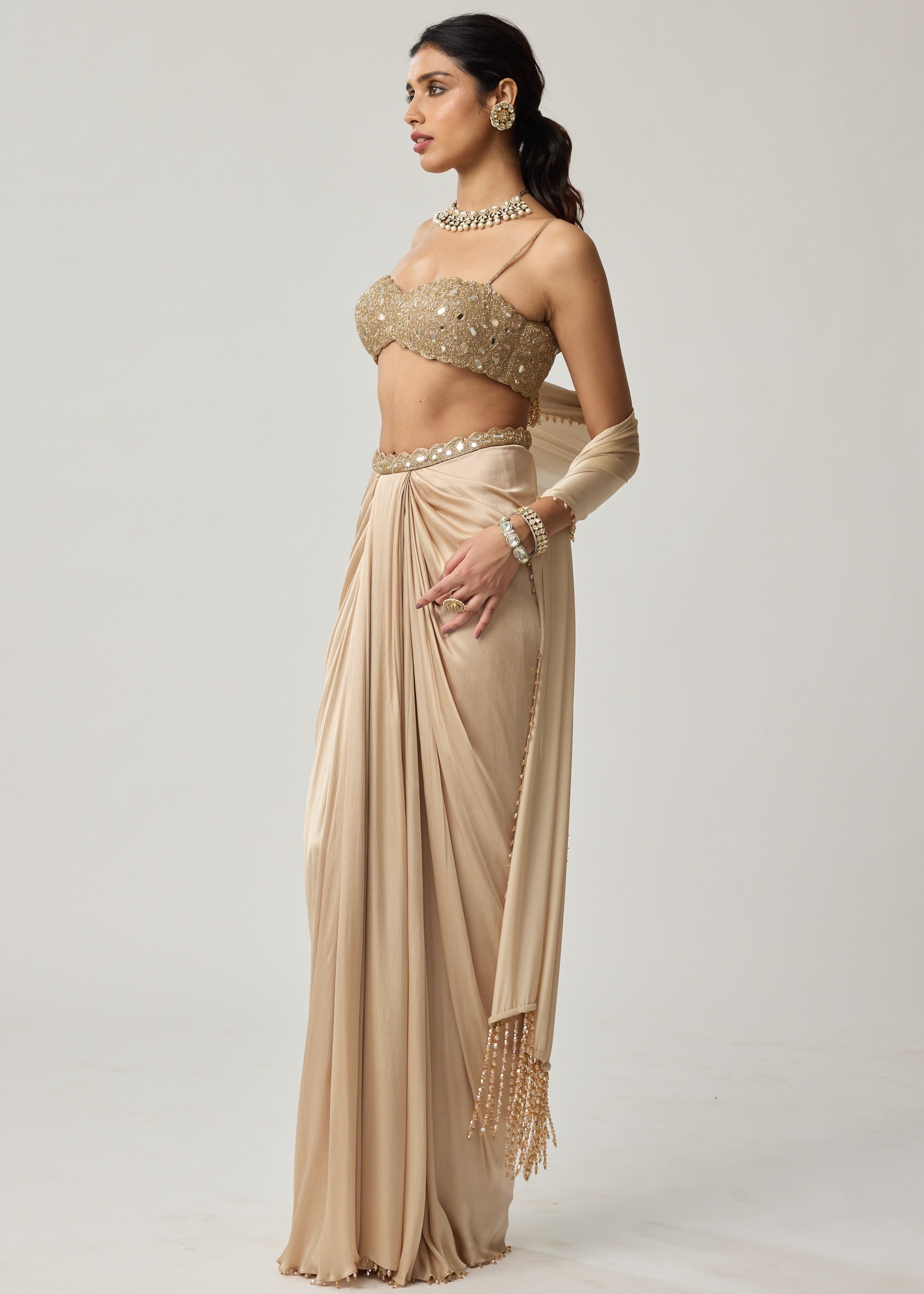 Light Beige Mirror Satin Draped Skirt Set
