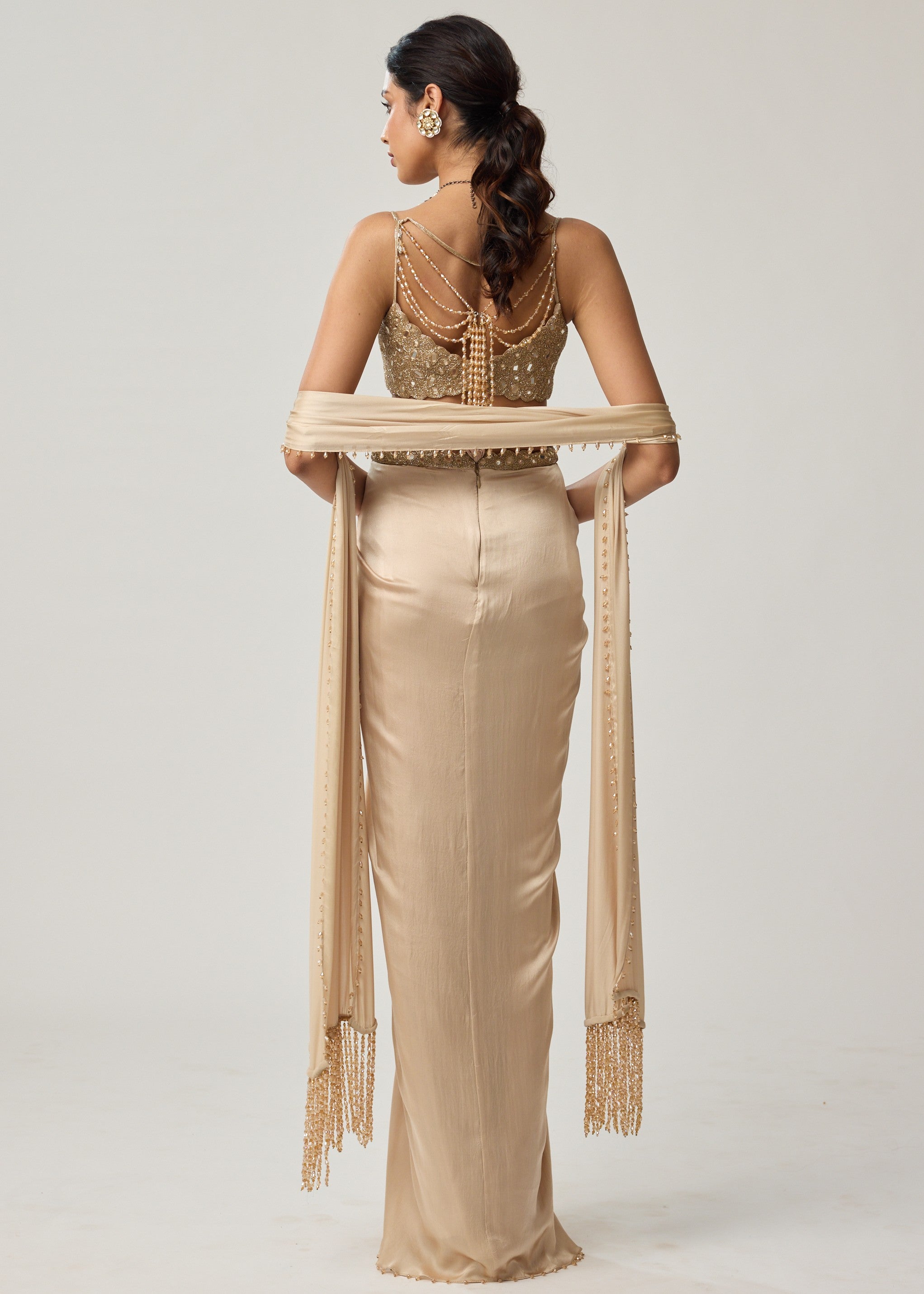 Light Beige Mirror Satin Draped Skirt Set