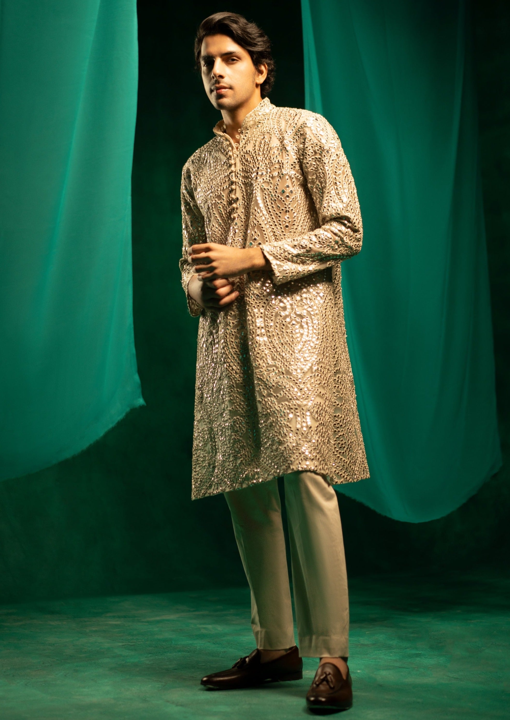 Silver Zari Mirrorwork Kurta with Potli Buttons