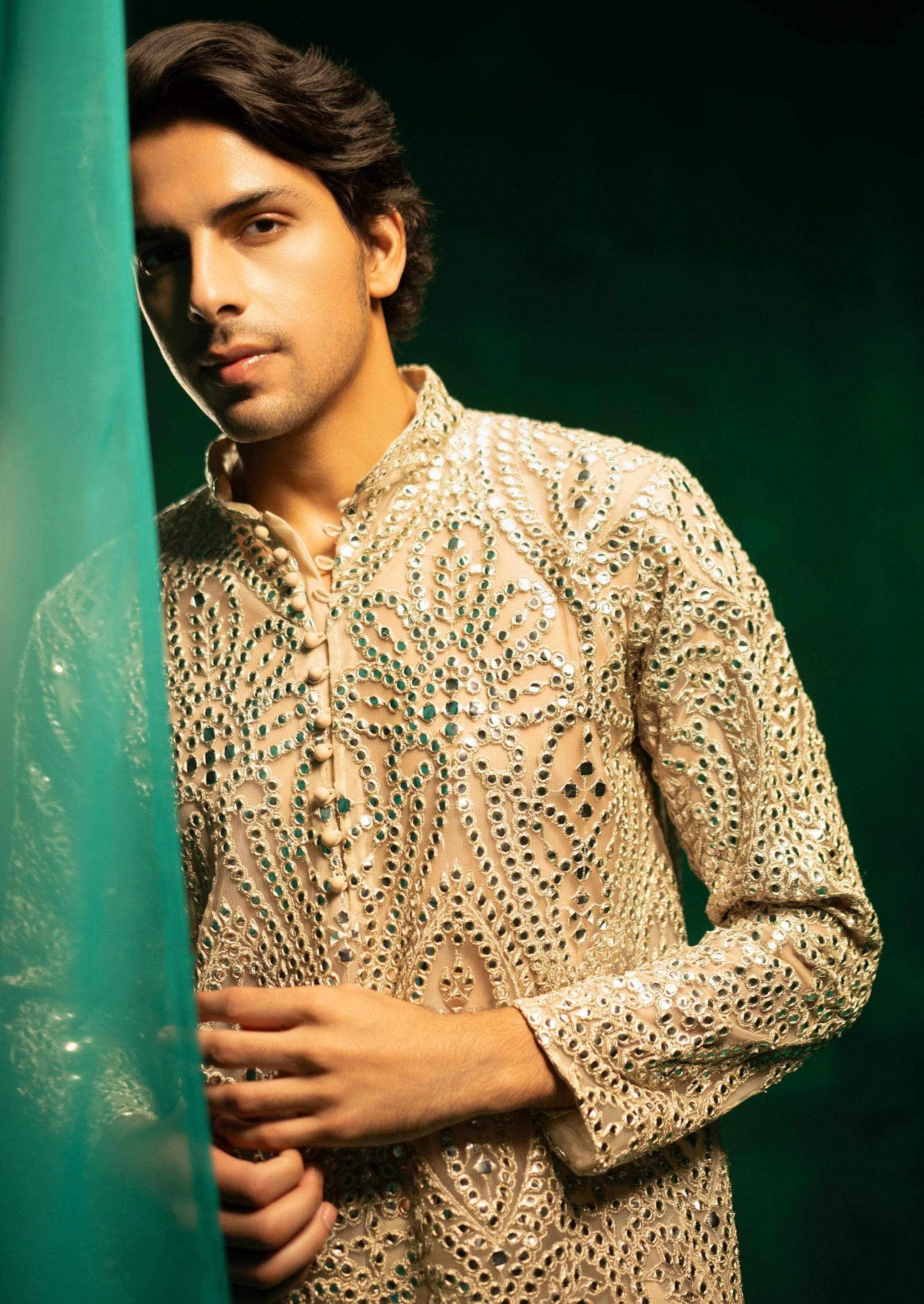 Silver Zari Mirrorwork Kurta with Potli Buttons