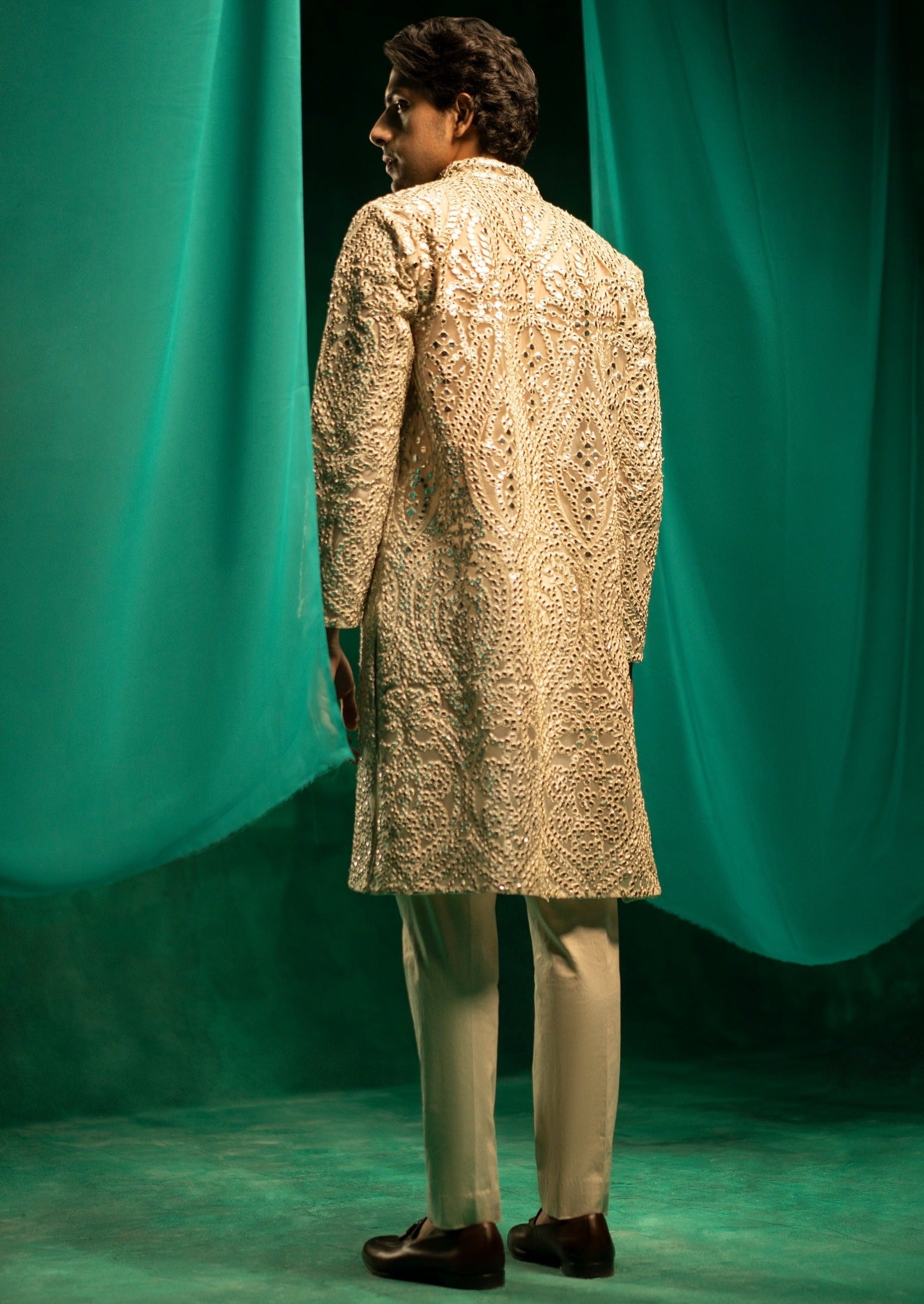 Silver Zari Mirrorwork Kurta with Potli Buttons