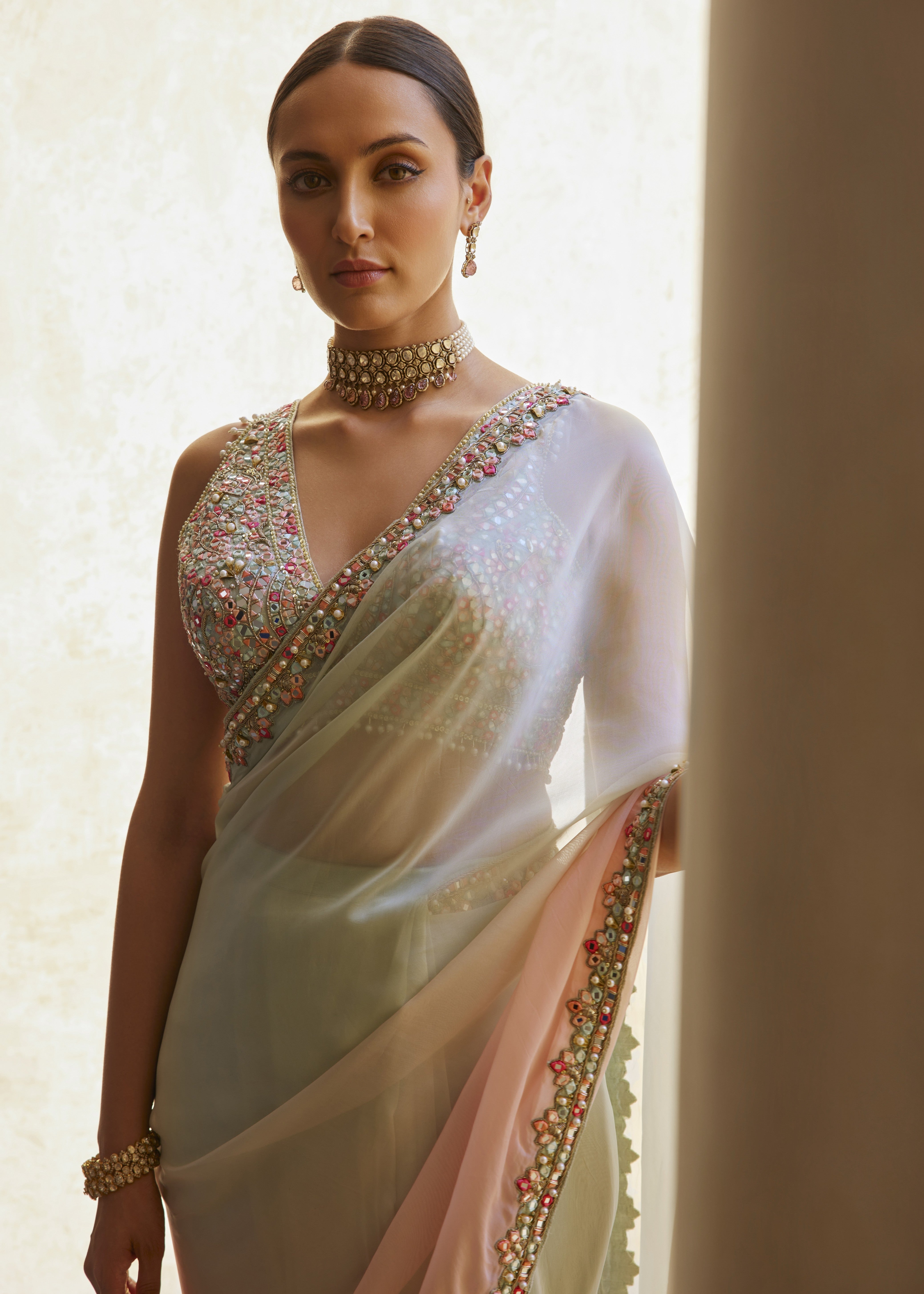 Green and Pink Ombre Organza Sari