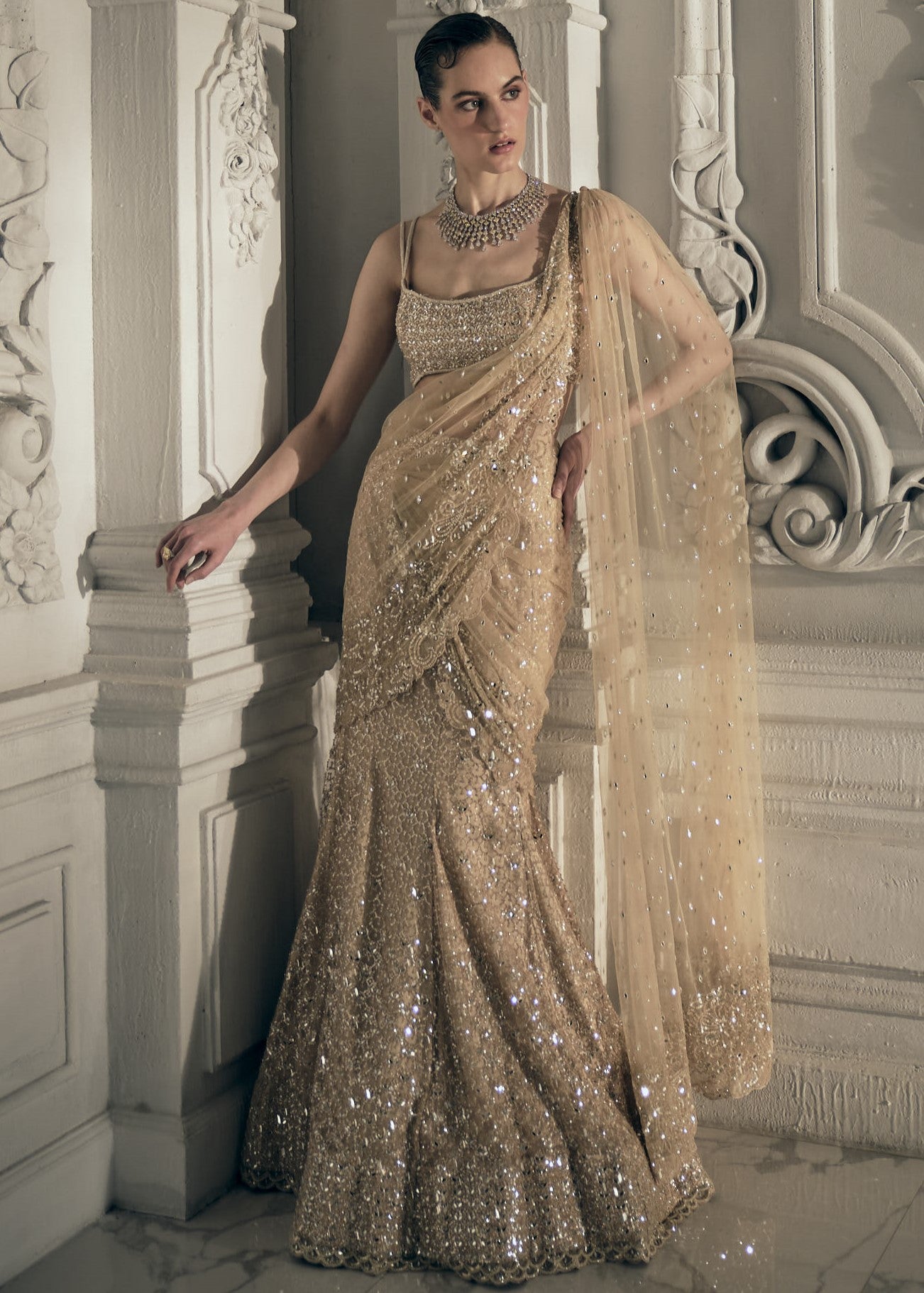 Beige Gold Fishcut Drape Sari