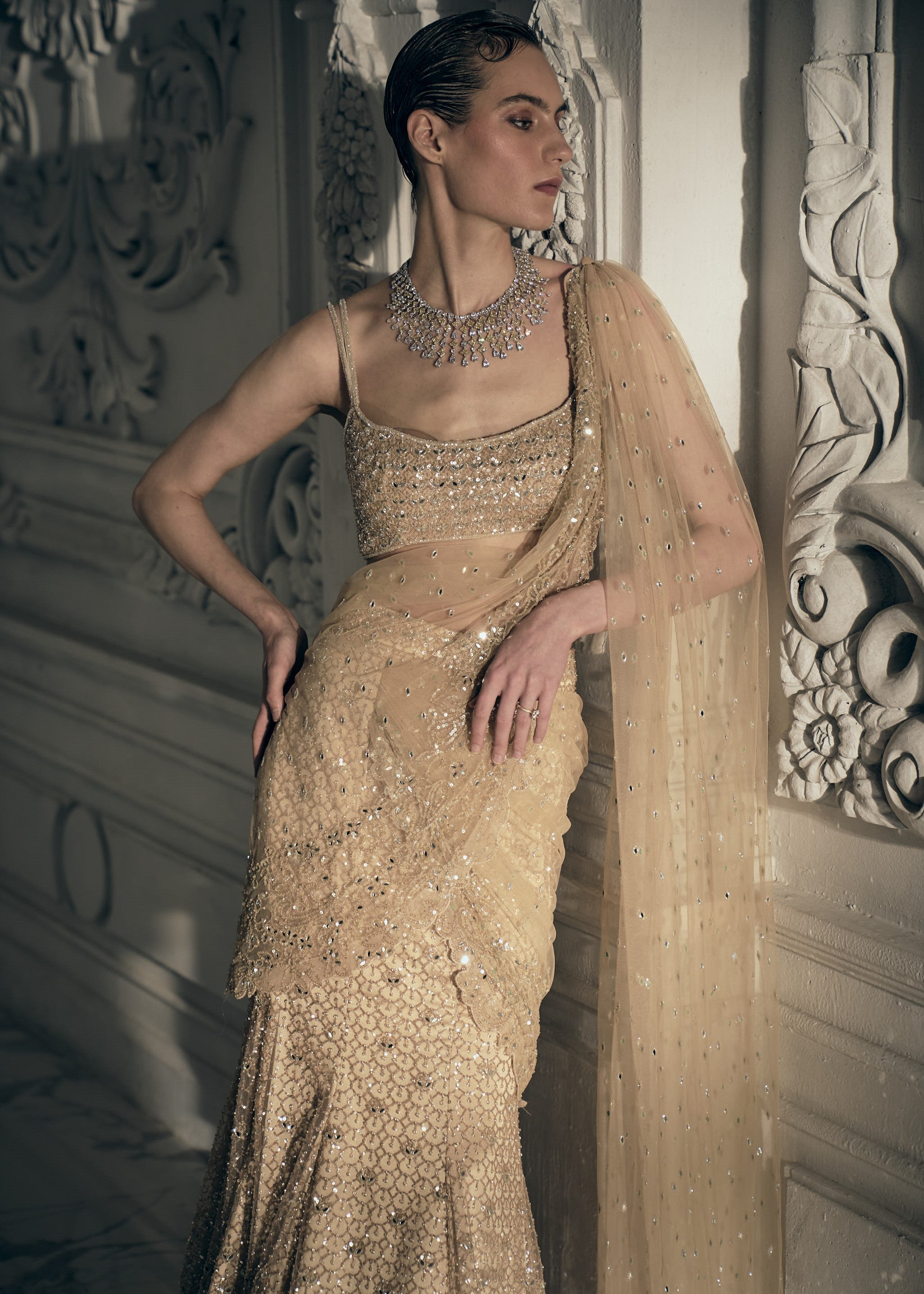 Beige Gold Fishcut Drape Sari