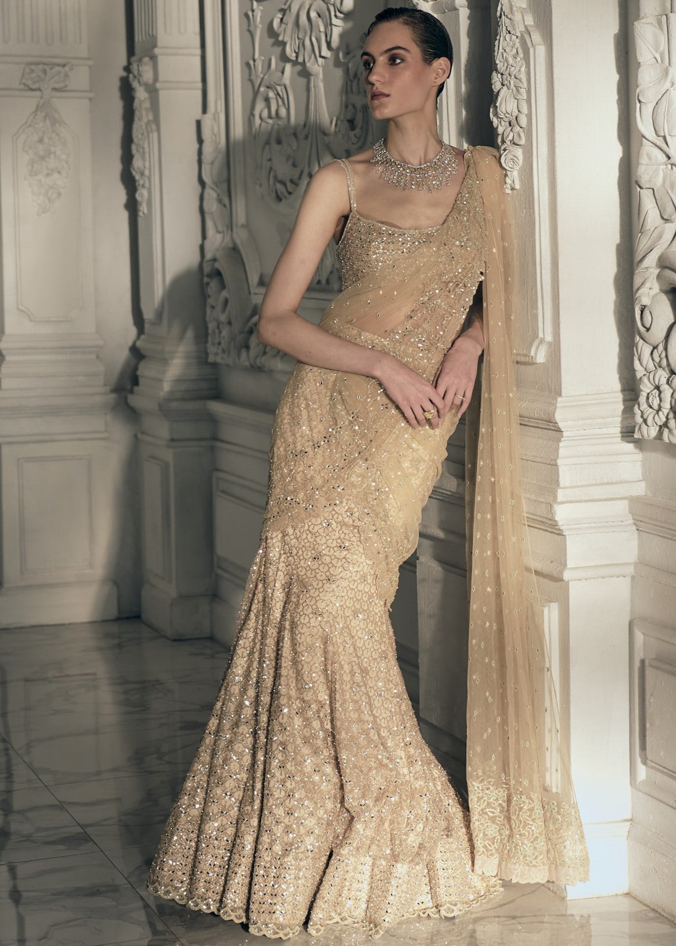 Beige Gold Fishcut Drape Sari
