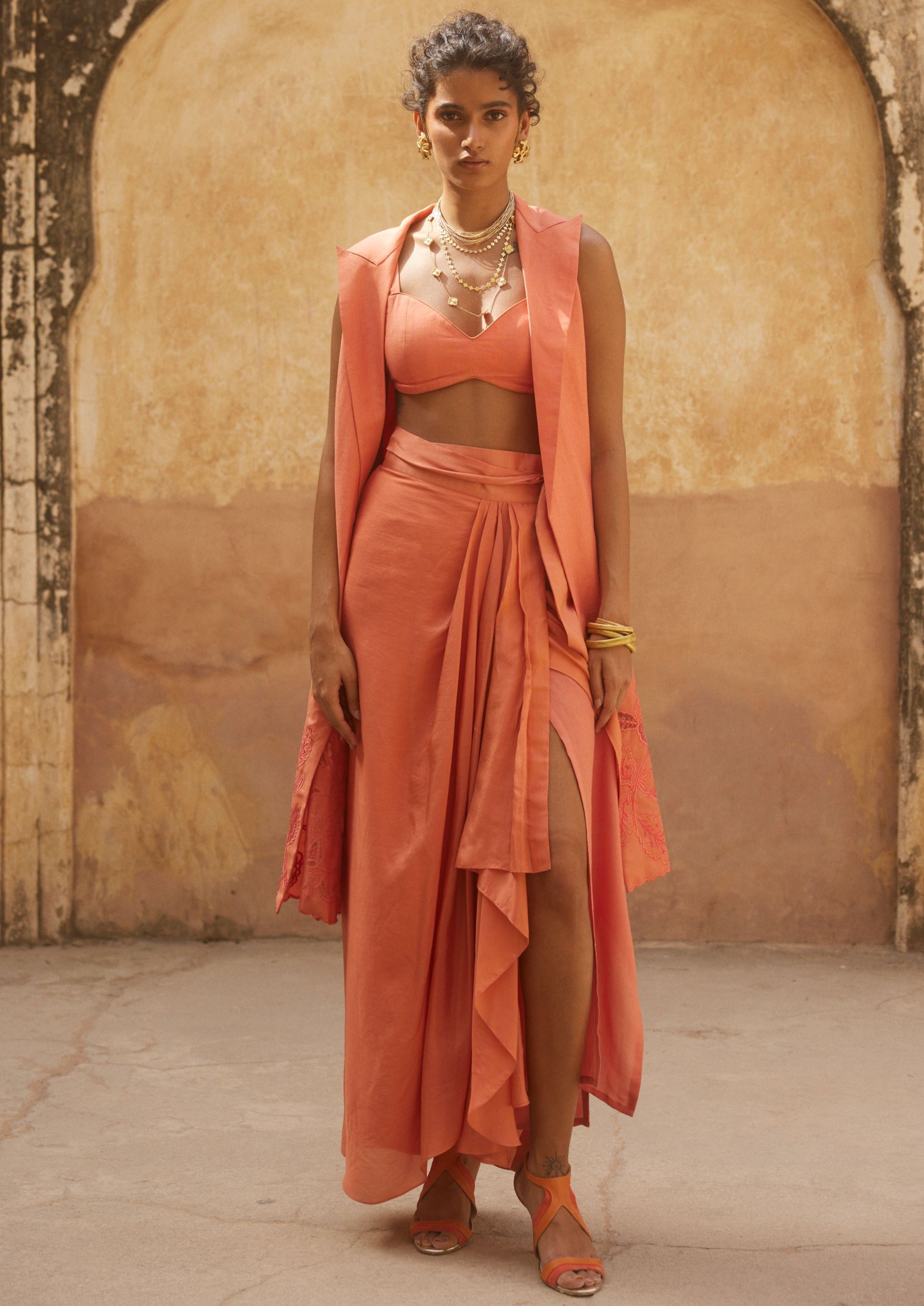 Coral Linen and Silk Organza Jacket and Skirt Set