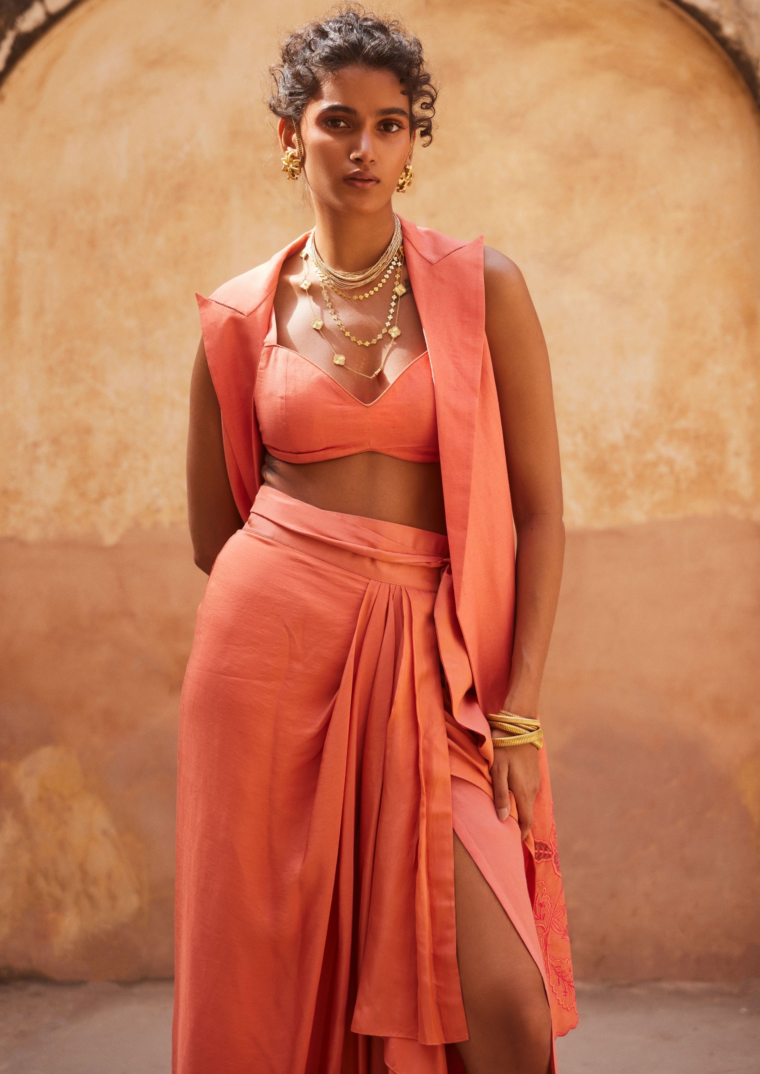 Coral Linen and Silk Organza Jacket and Skirt Set