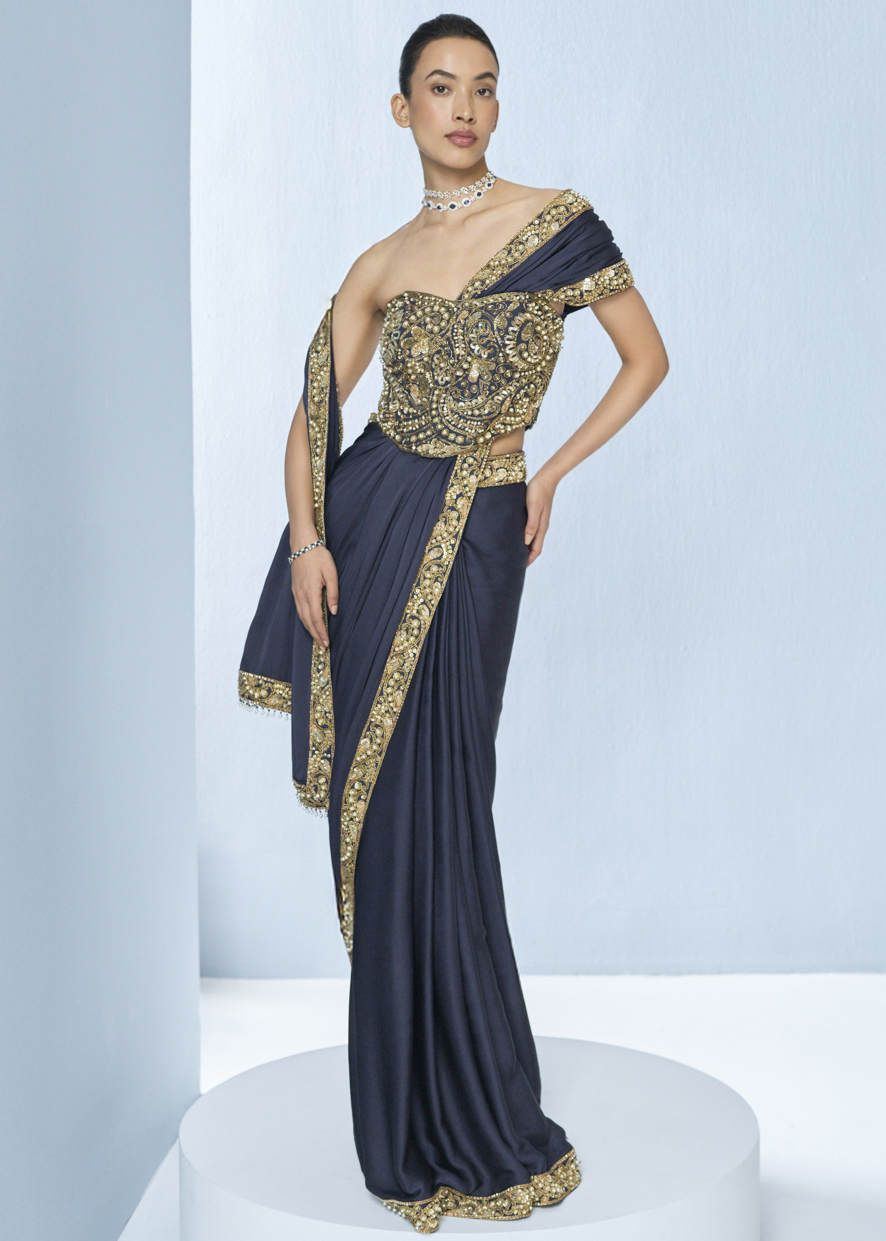 Midnight Blue Satin Sari And Corset Blouse