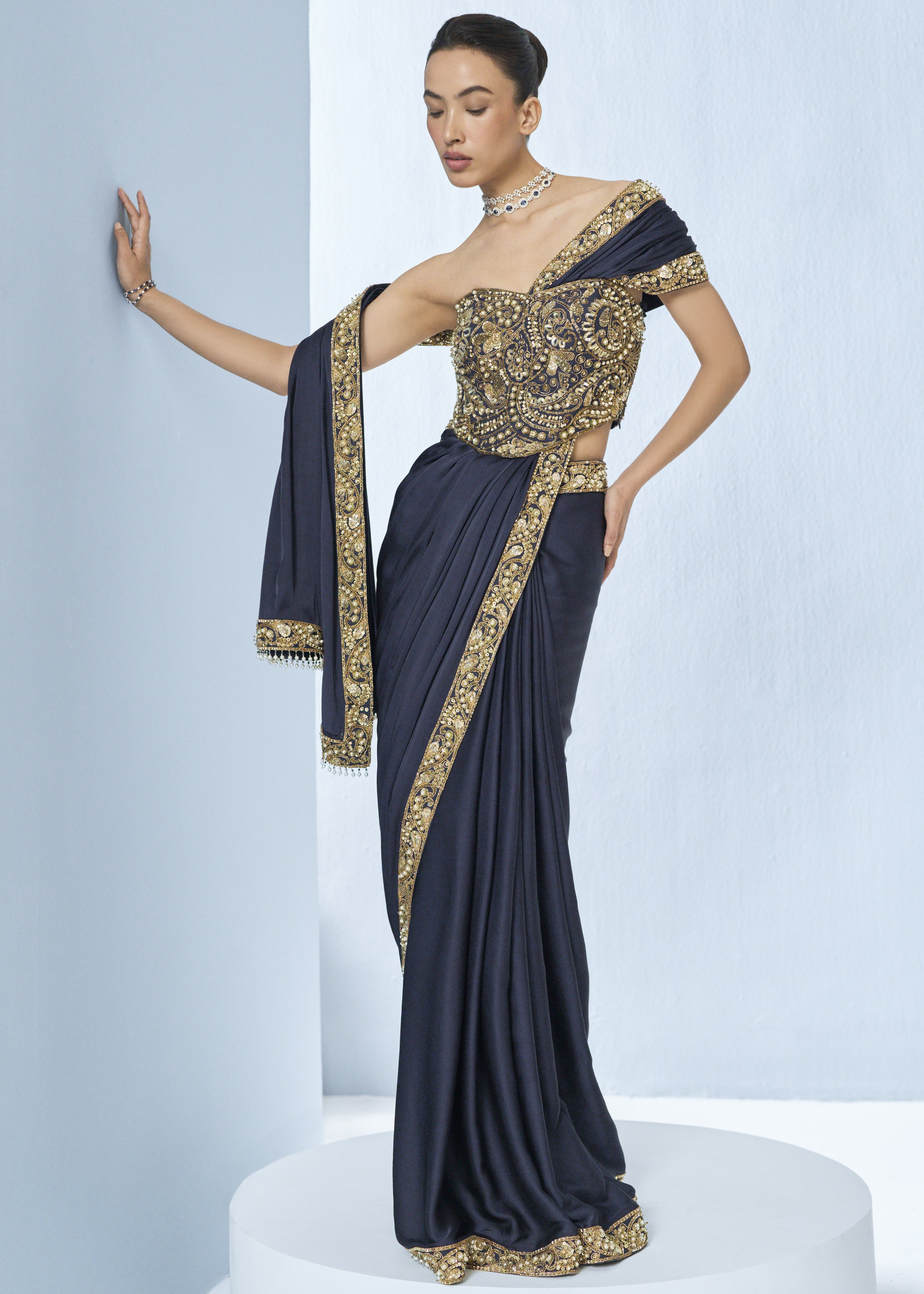 Midnight Blue Satin Sari And Corset Blouse