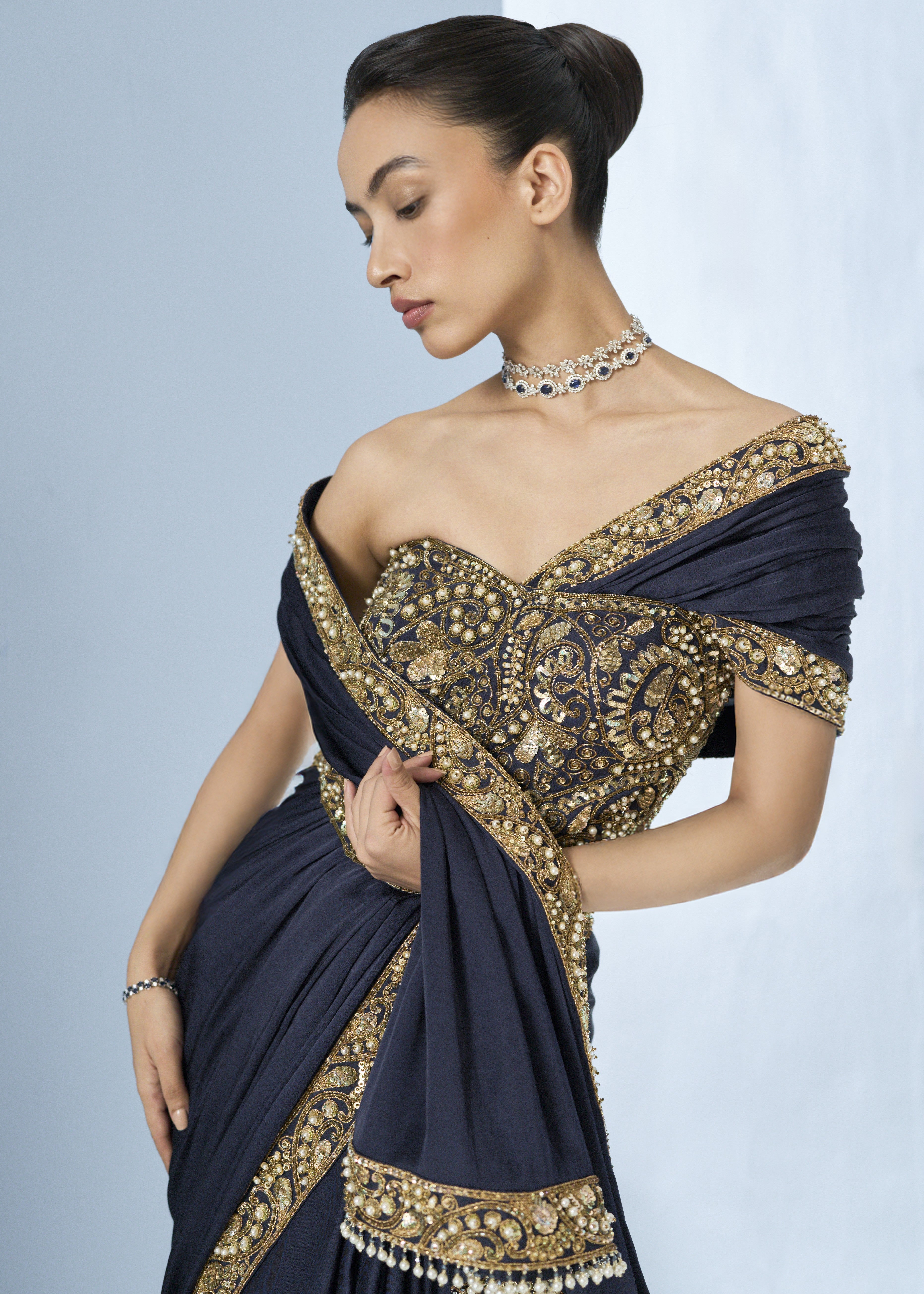 Midnight Blue Satin Sari And Corset Blouse