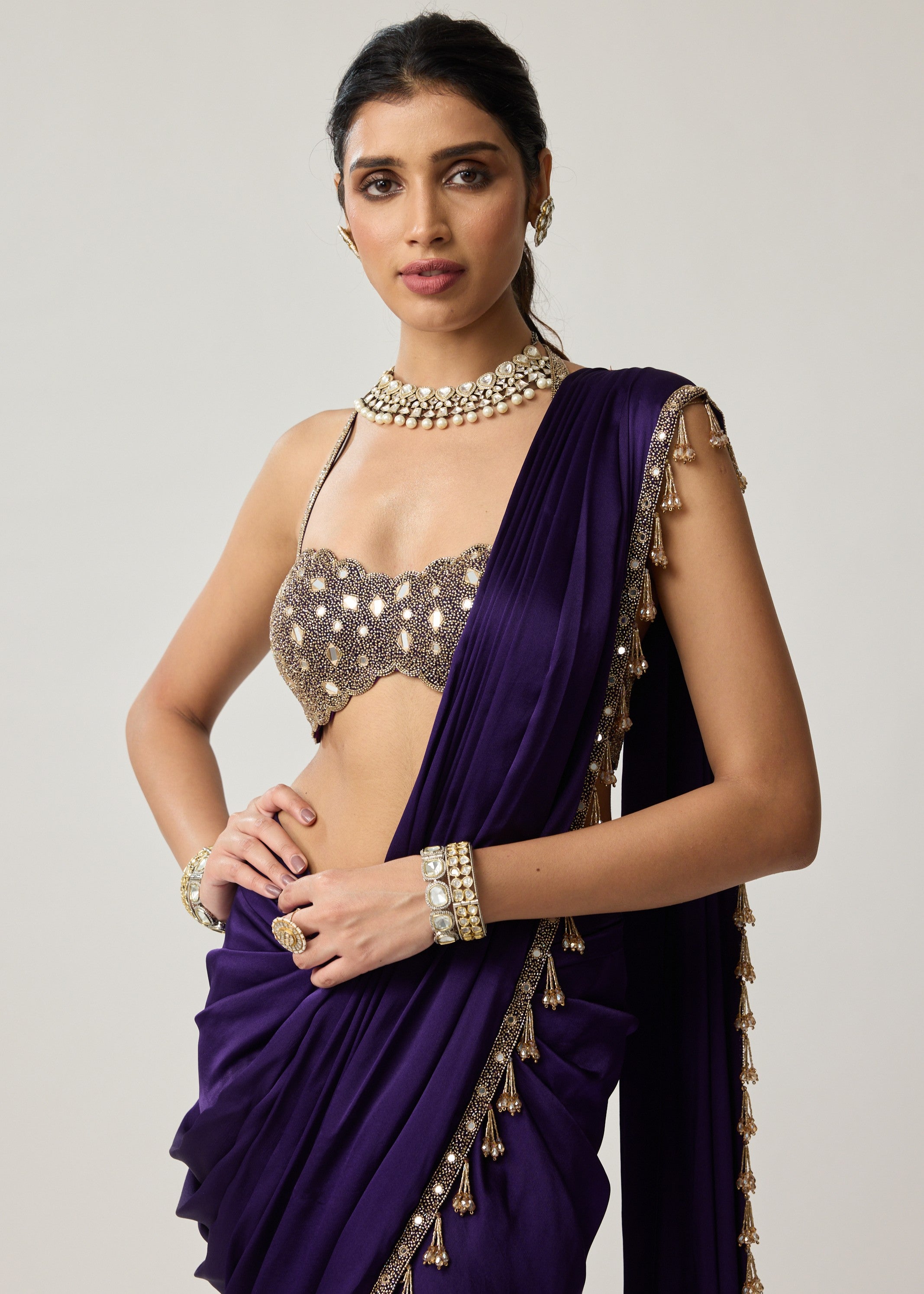 Royalty Purple Mirror Draped Sari Set
