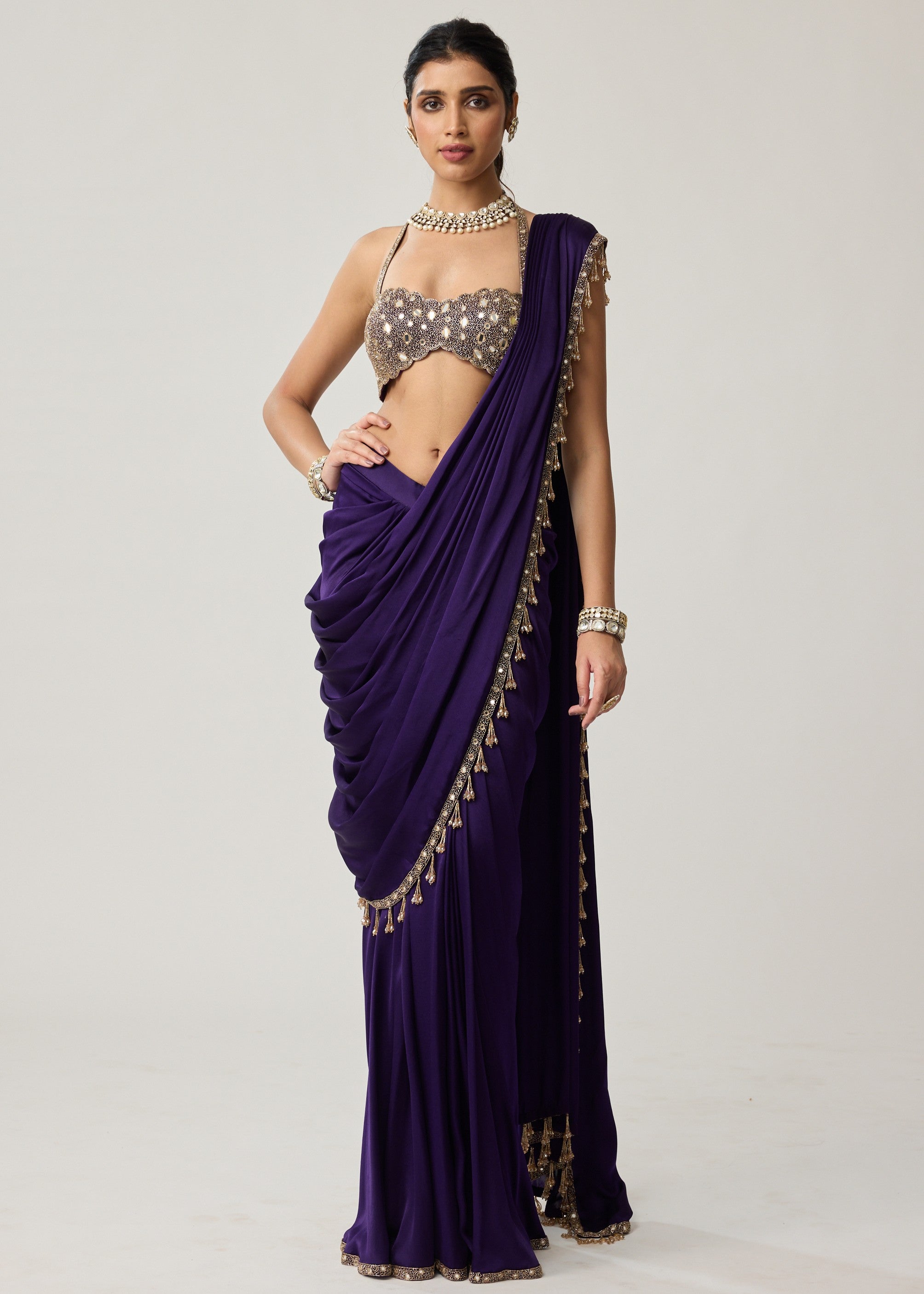 Royalty Purple Mirror Draped Sari Set