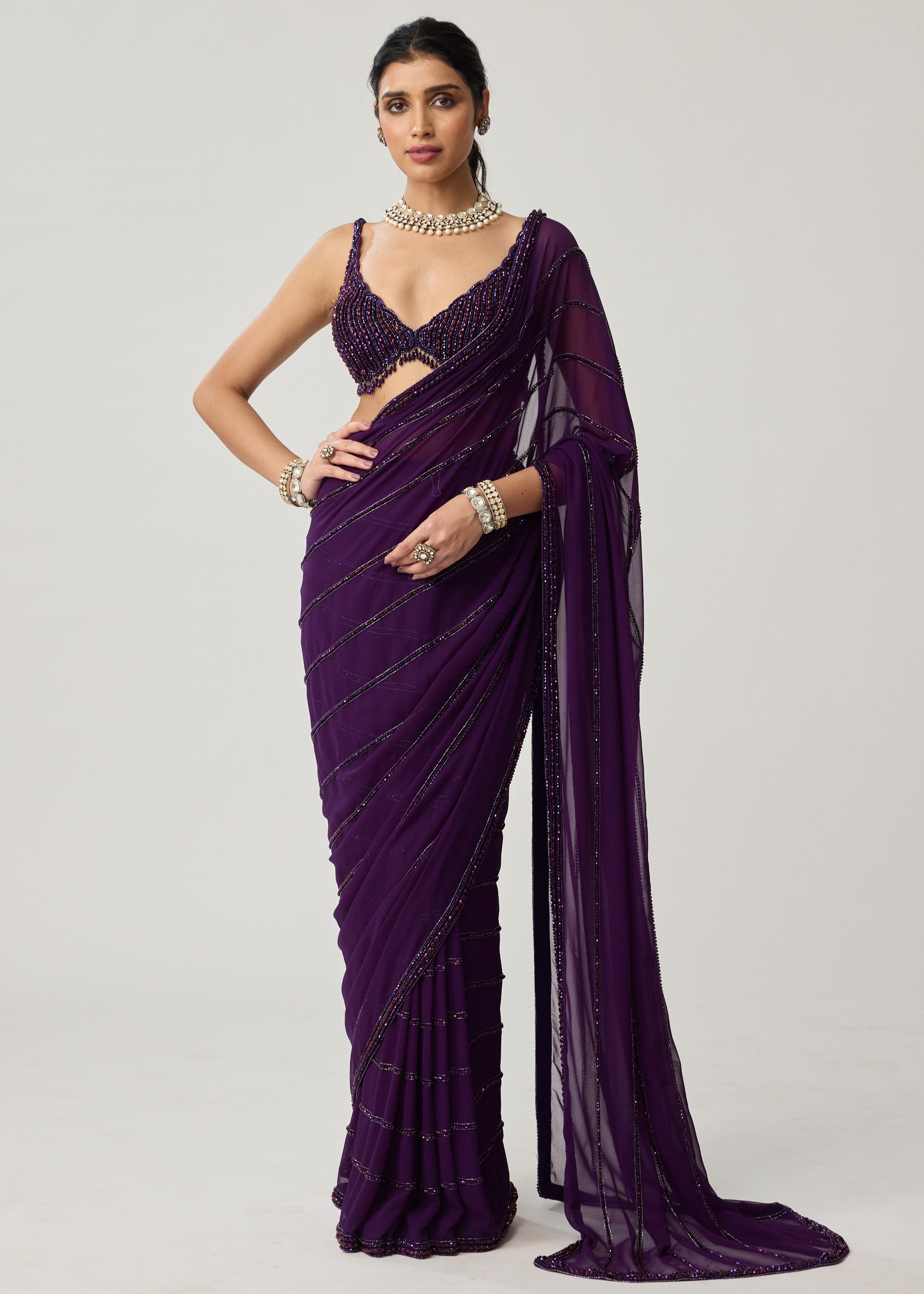 Royalty Purple Crystal Sari Set