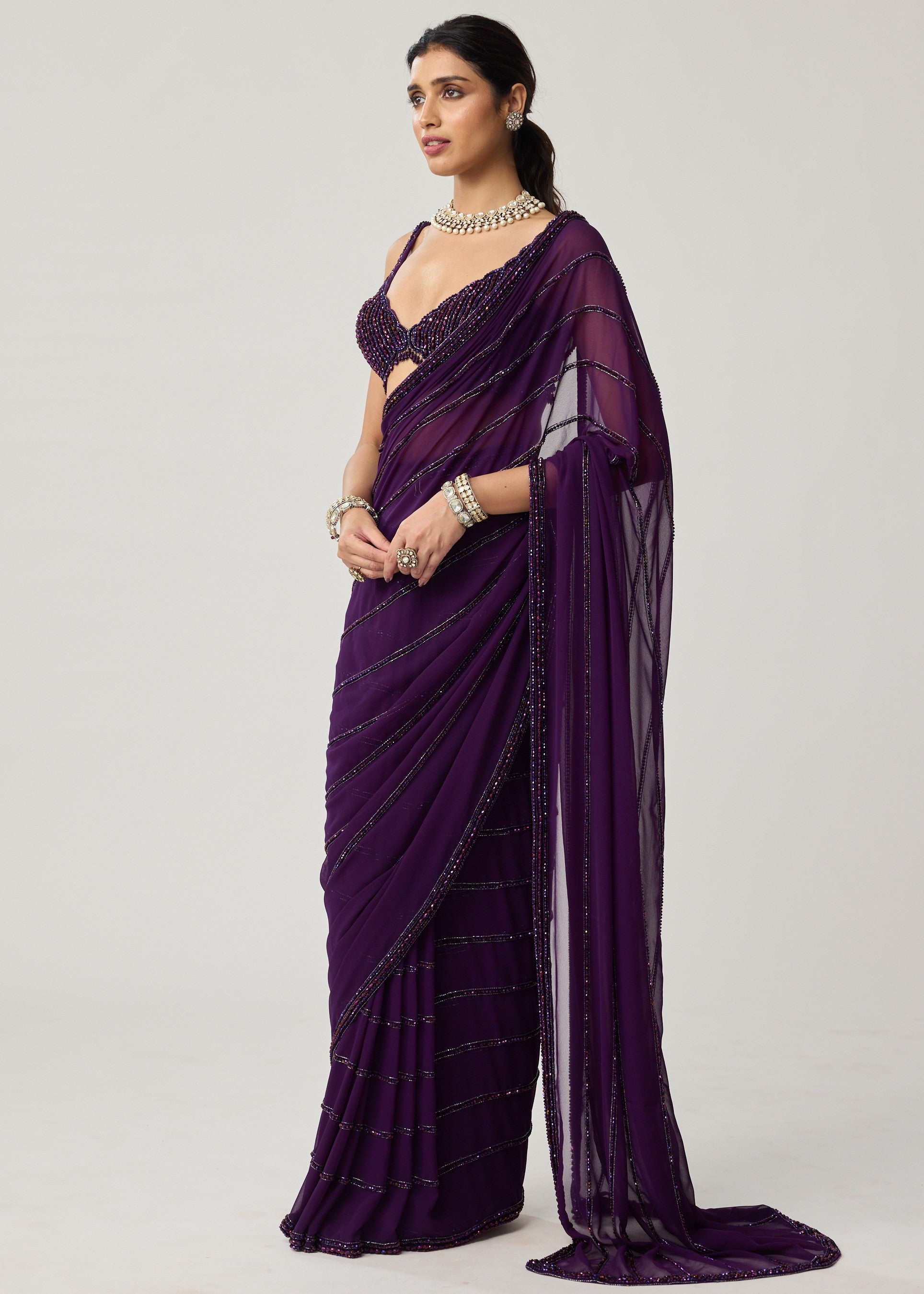 Royalty Purple Crystal Sari Set