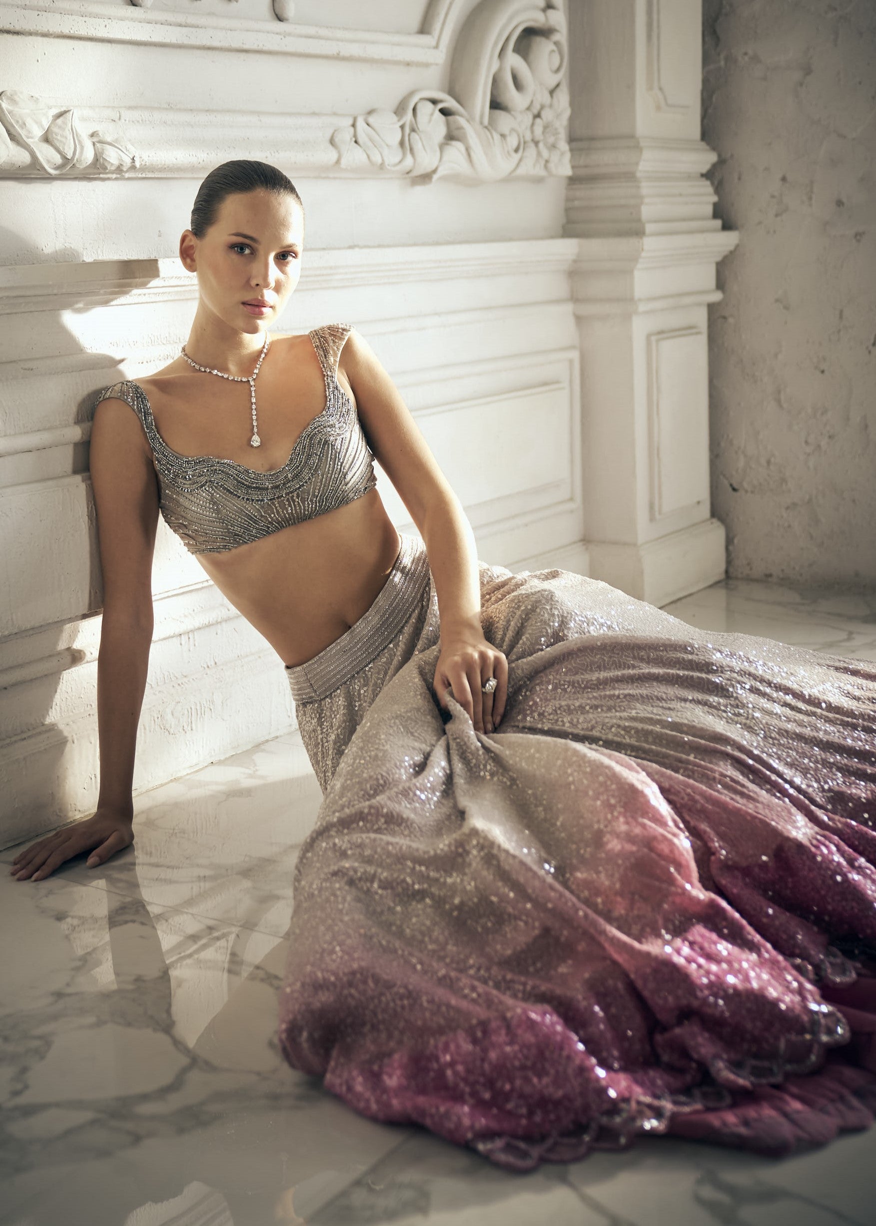 Grey-to-Pink Ombre Sequins Lehenga