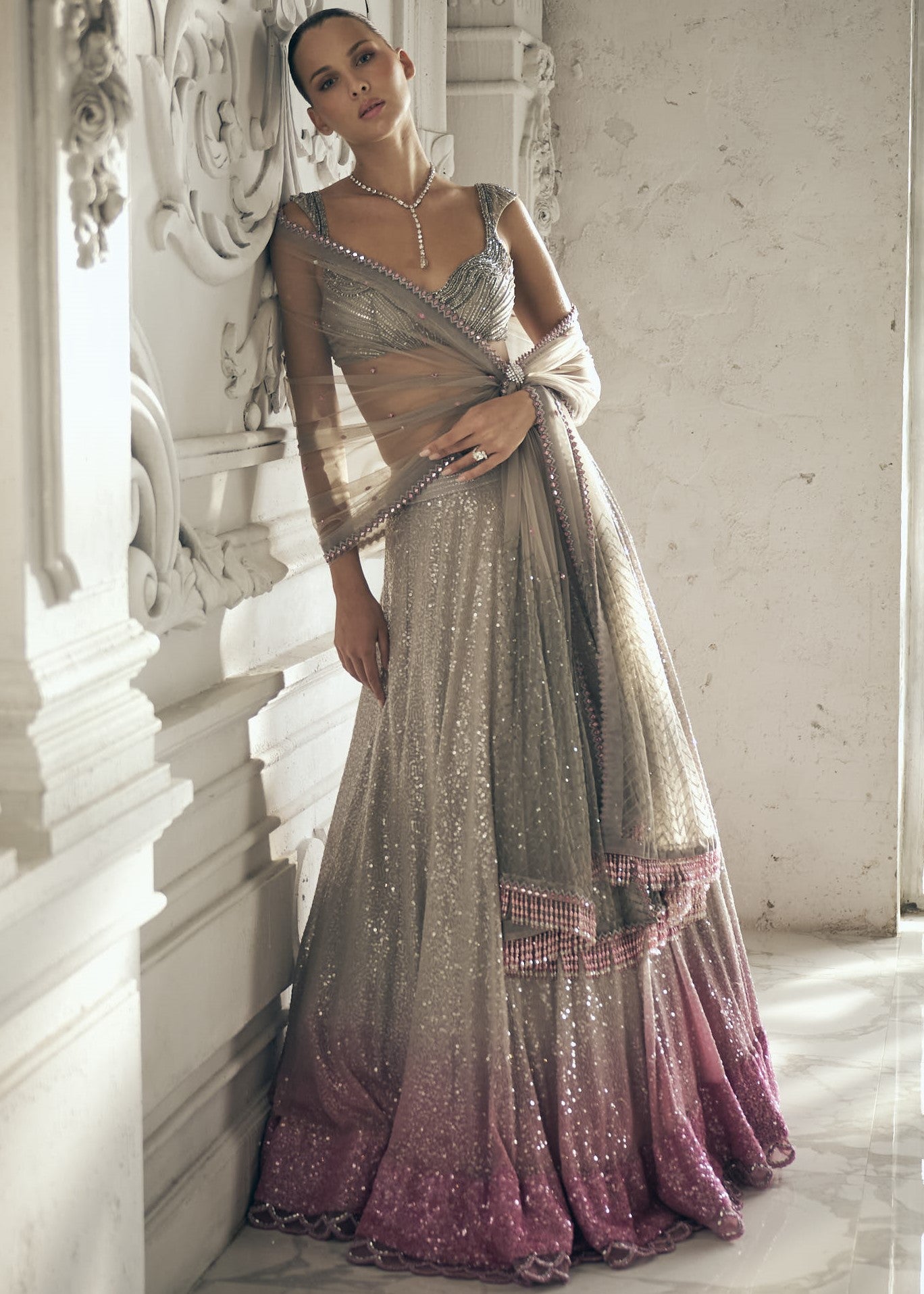 Grey-to-Pink Ombre Sequins Lehenga