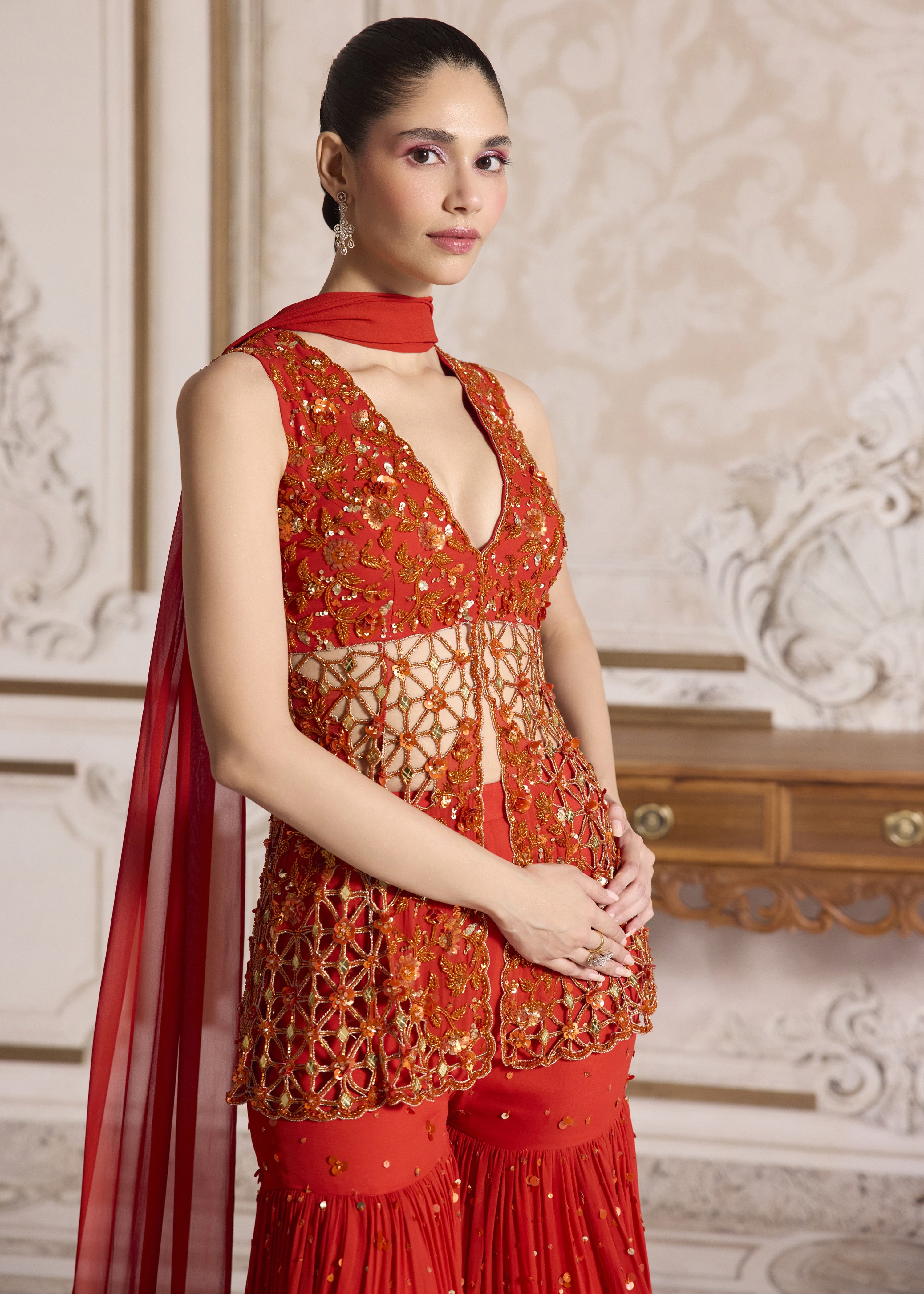 Rust Cut-work Peplum And Sharara