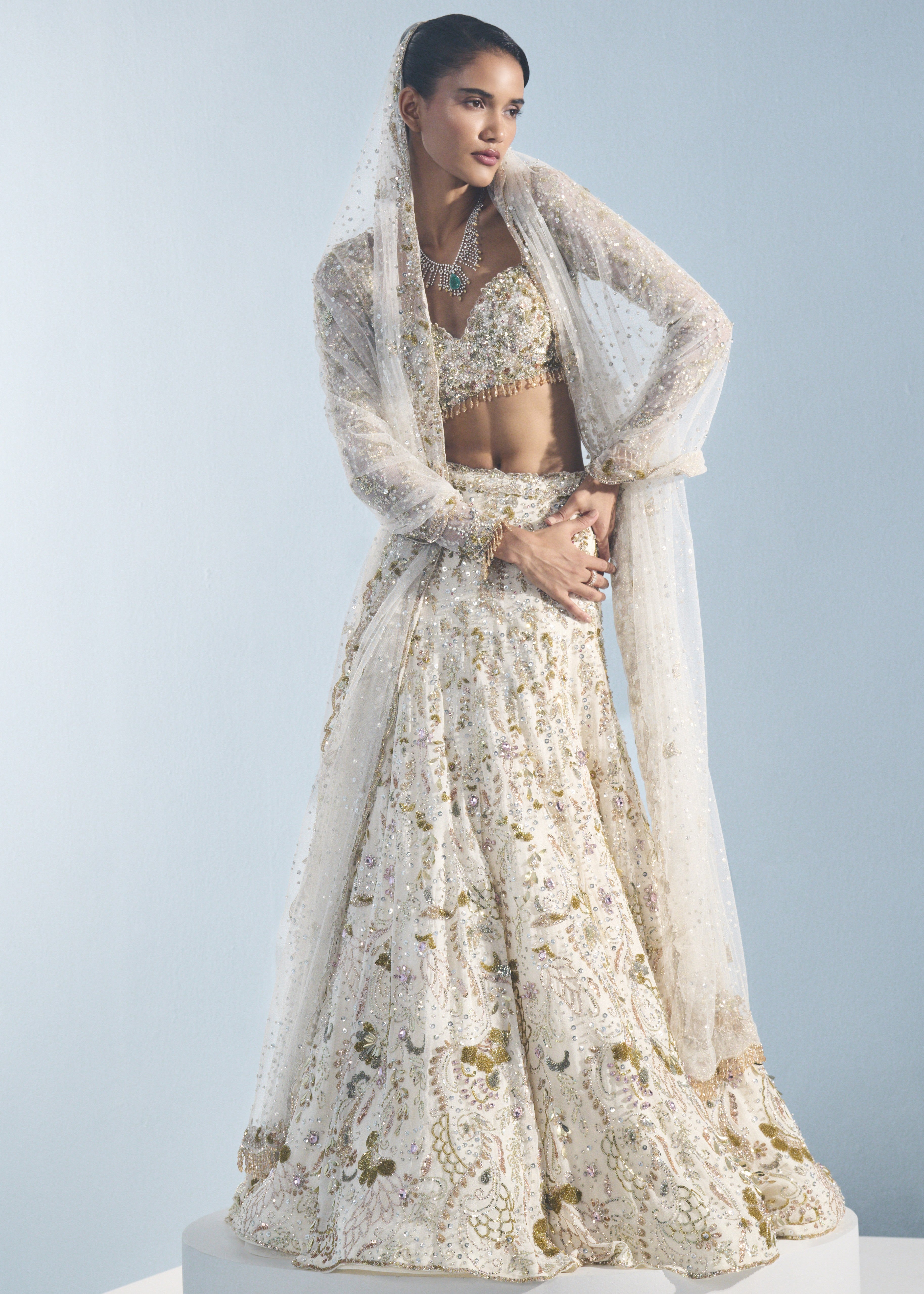 Ivory Georgette Fitted Lehenga Set