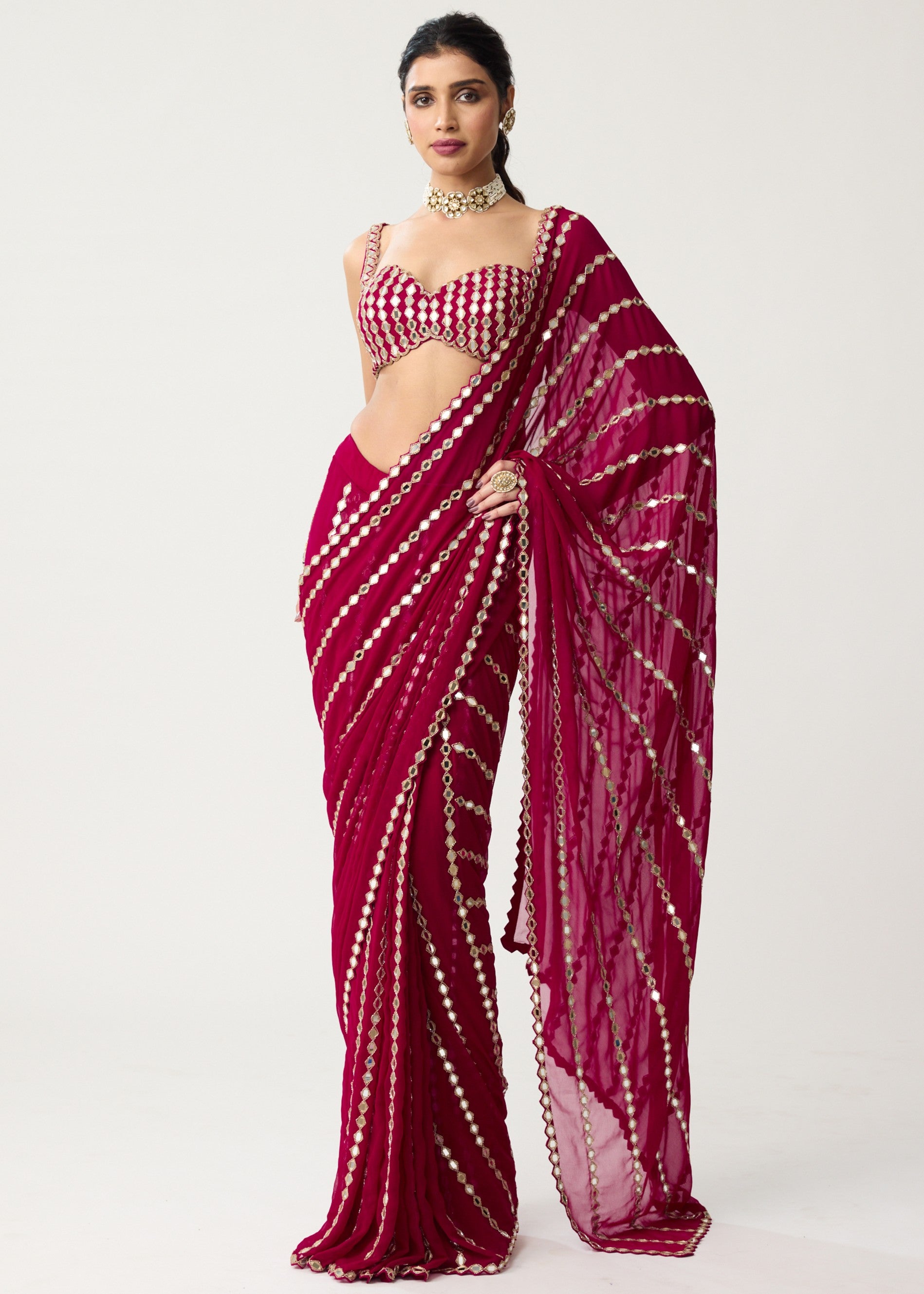 Ruby Red Linear Mirror Sari Set