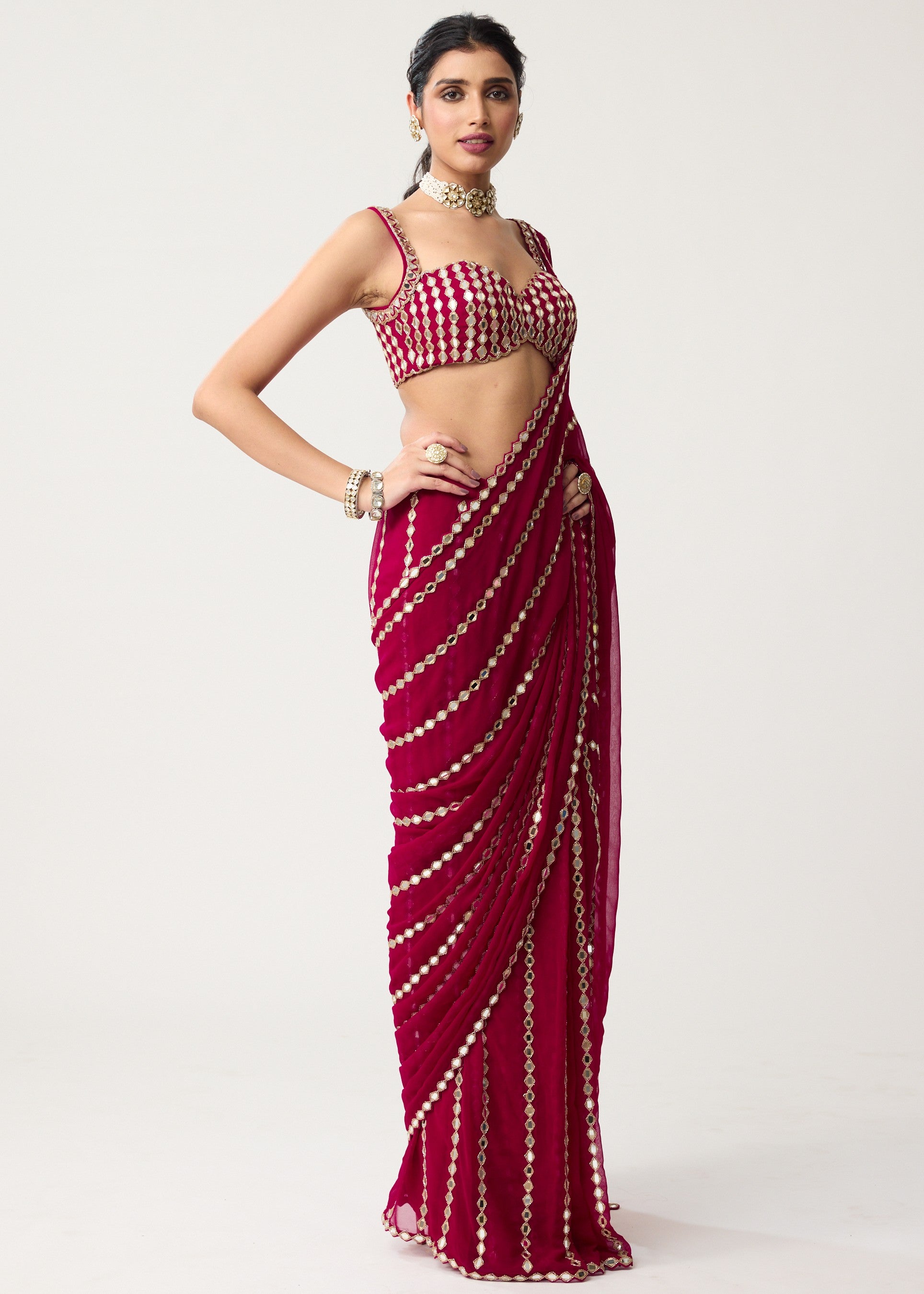 Ruby Red Linear Mirror Sari Set