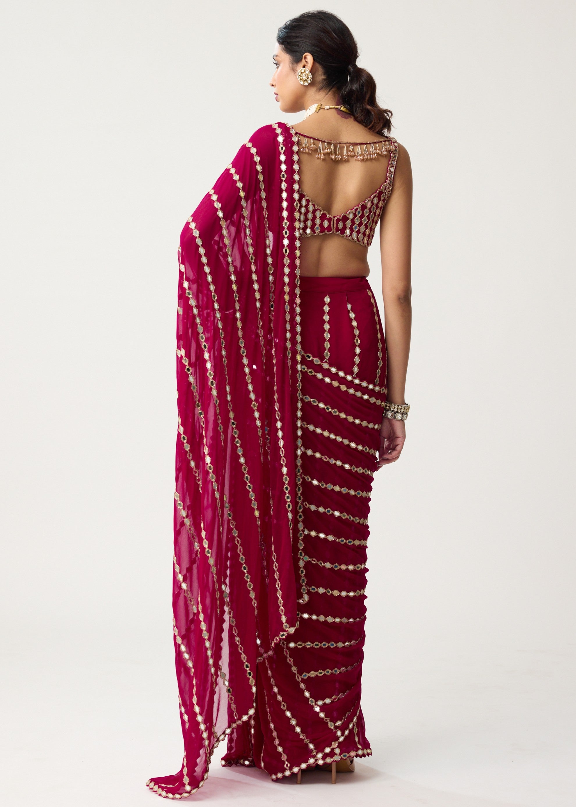 Ruby Red Linear Mirror Sari Set