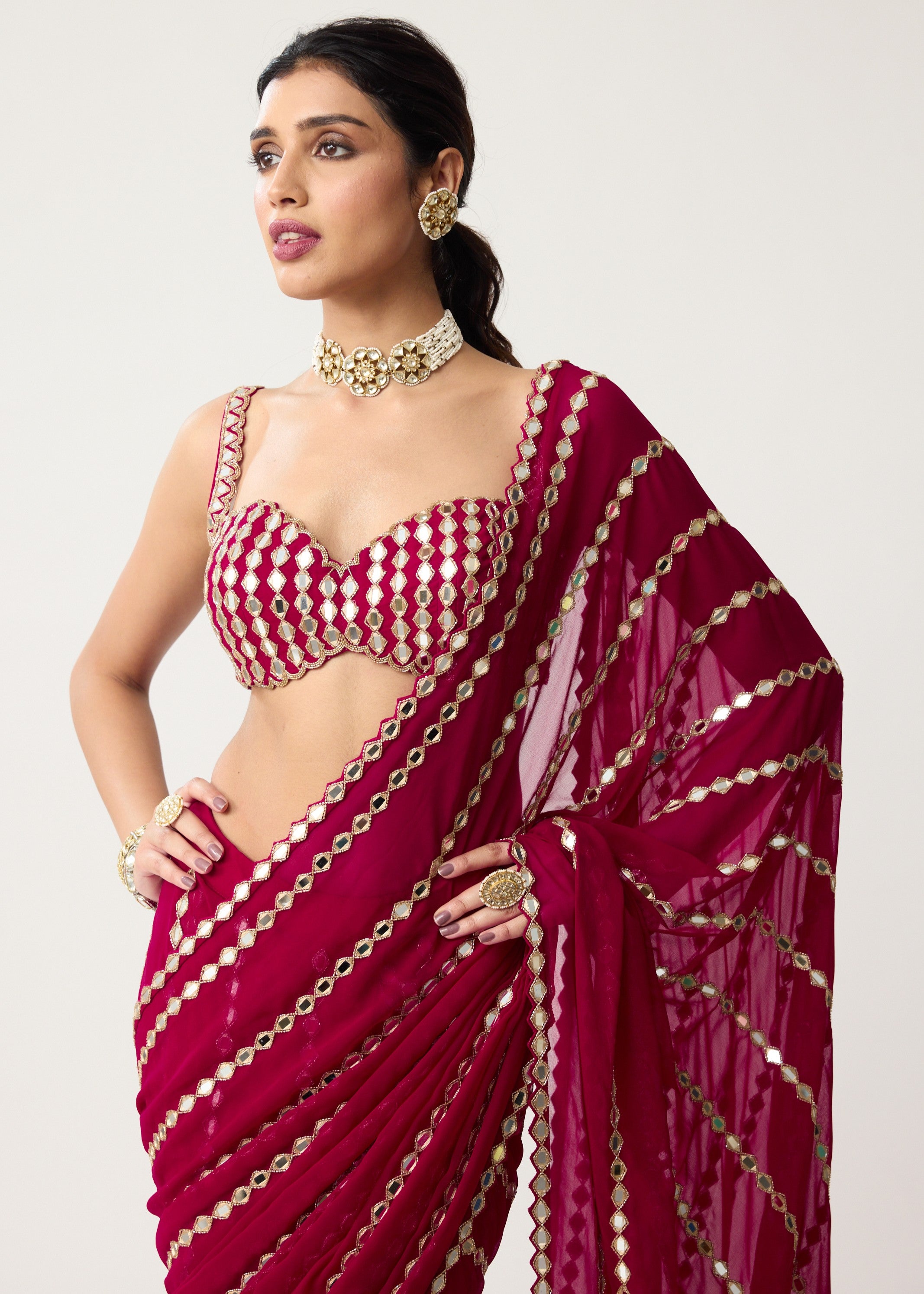 Ruby Red Linear Mirror Sari Set