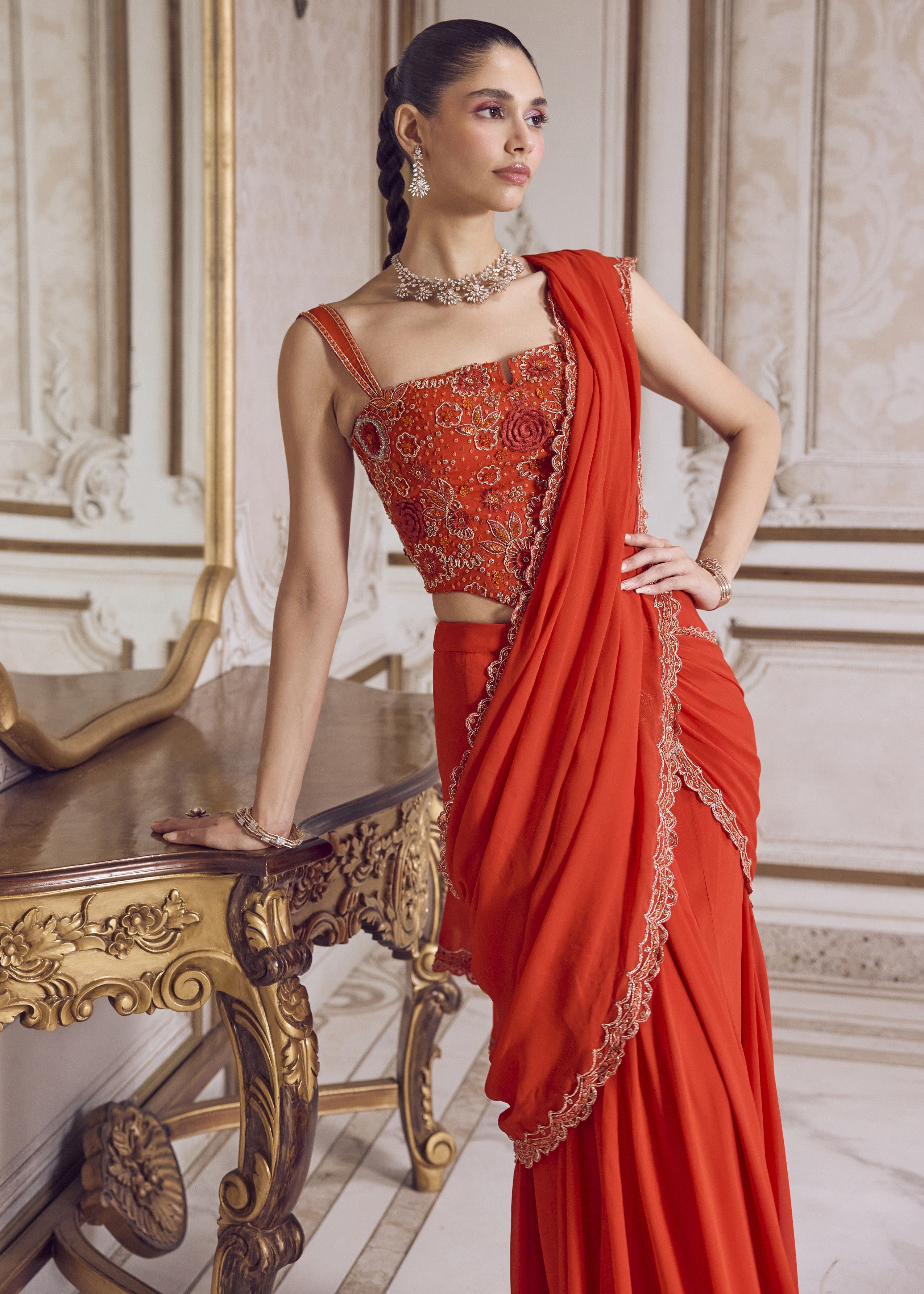 Rust Pre-draped Sari And Corset