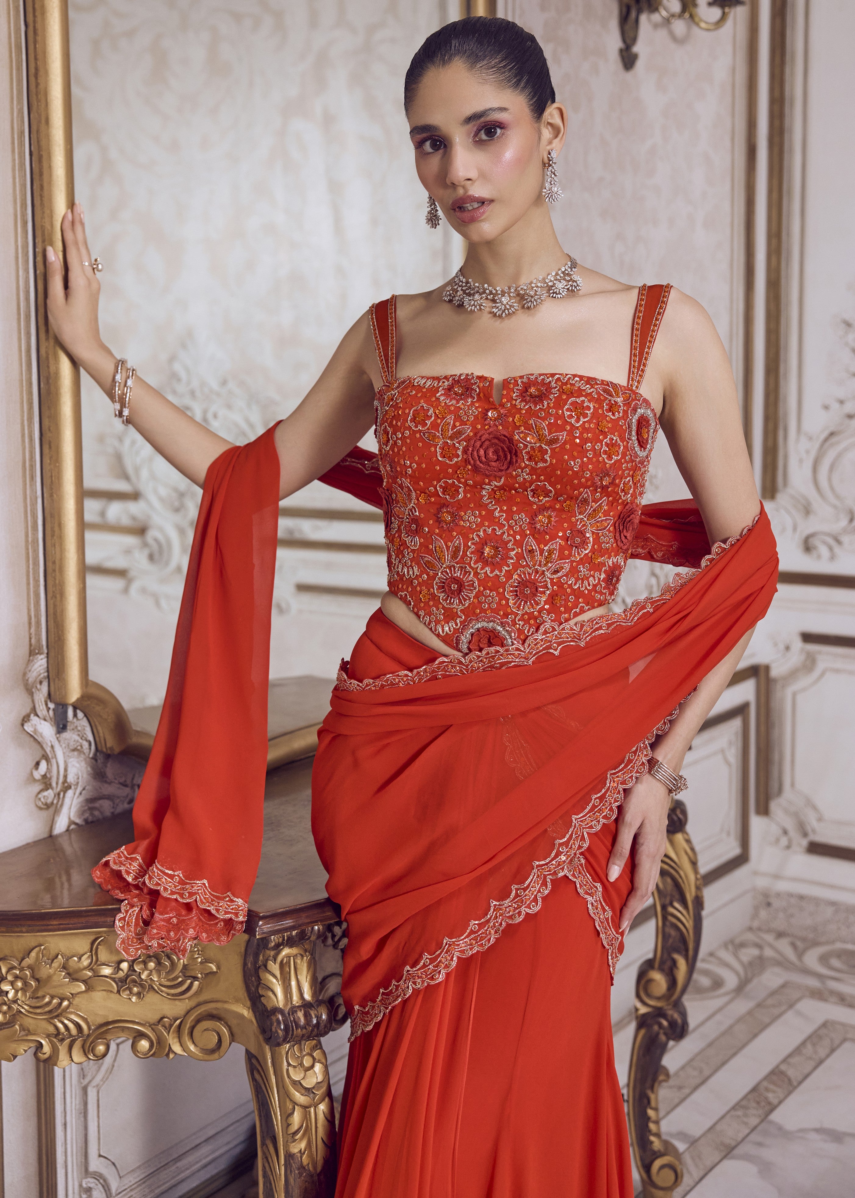 Rust Pre-draped Sari And Corset