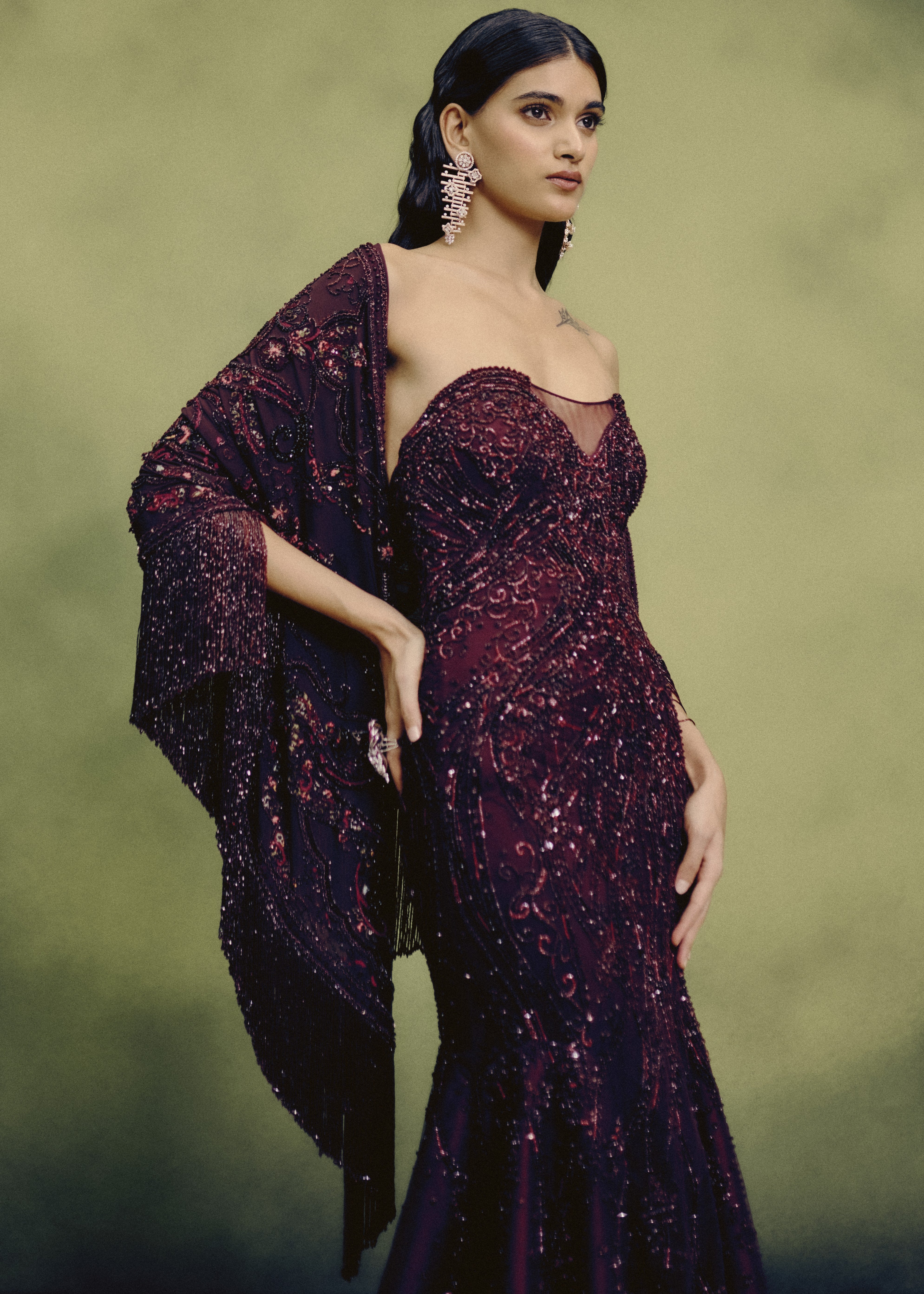 Sangria Gown With Cape Drape