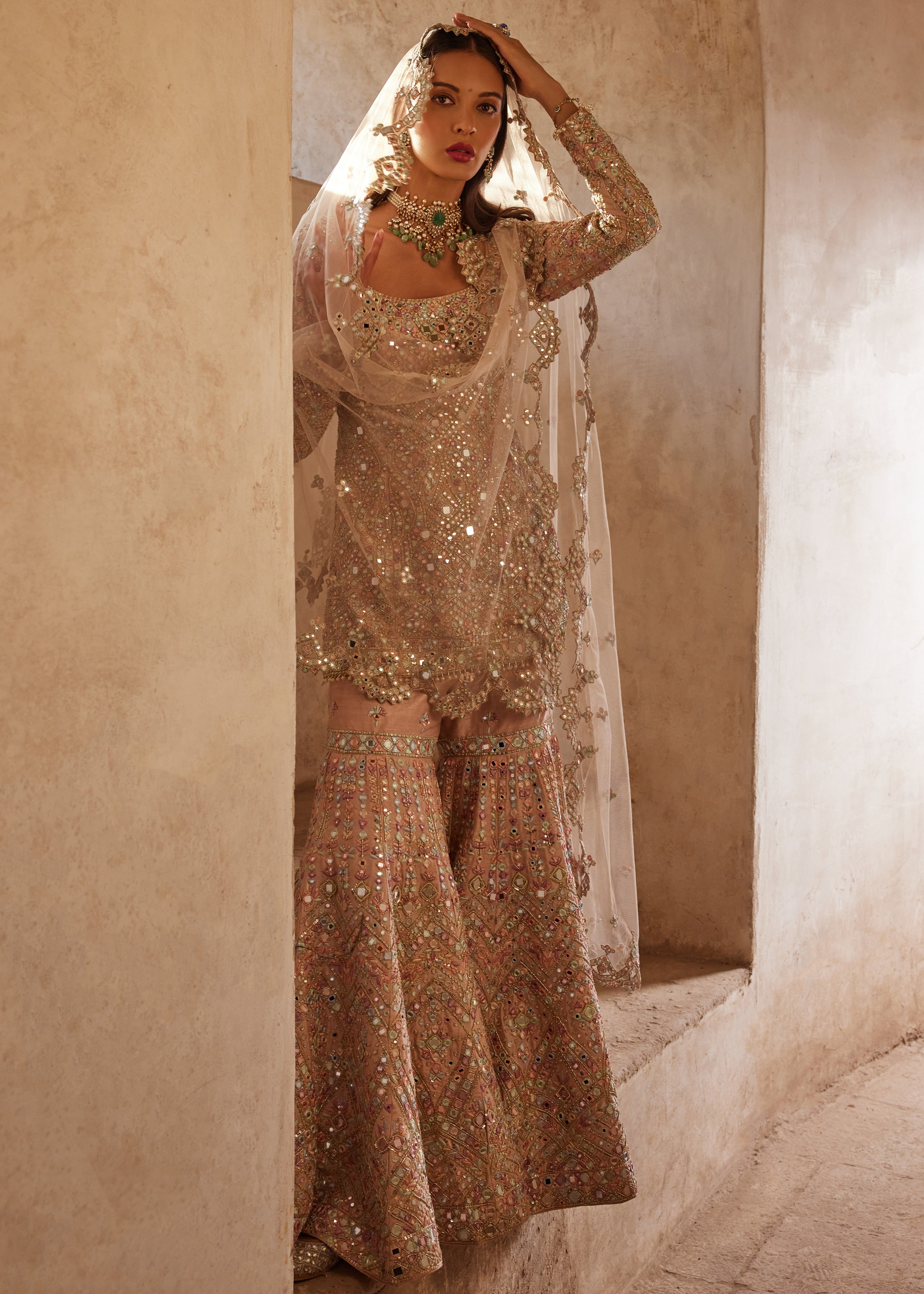 Pink Full Sleeve Bridal Gharara Set