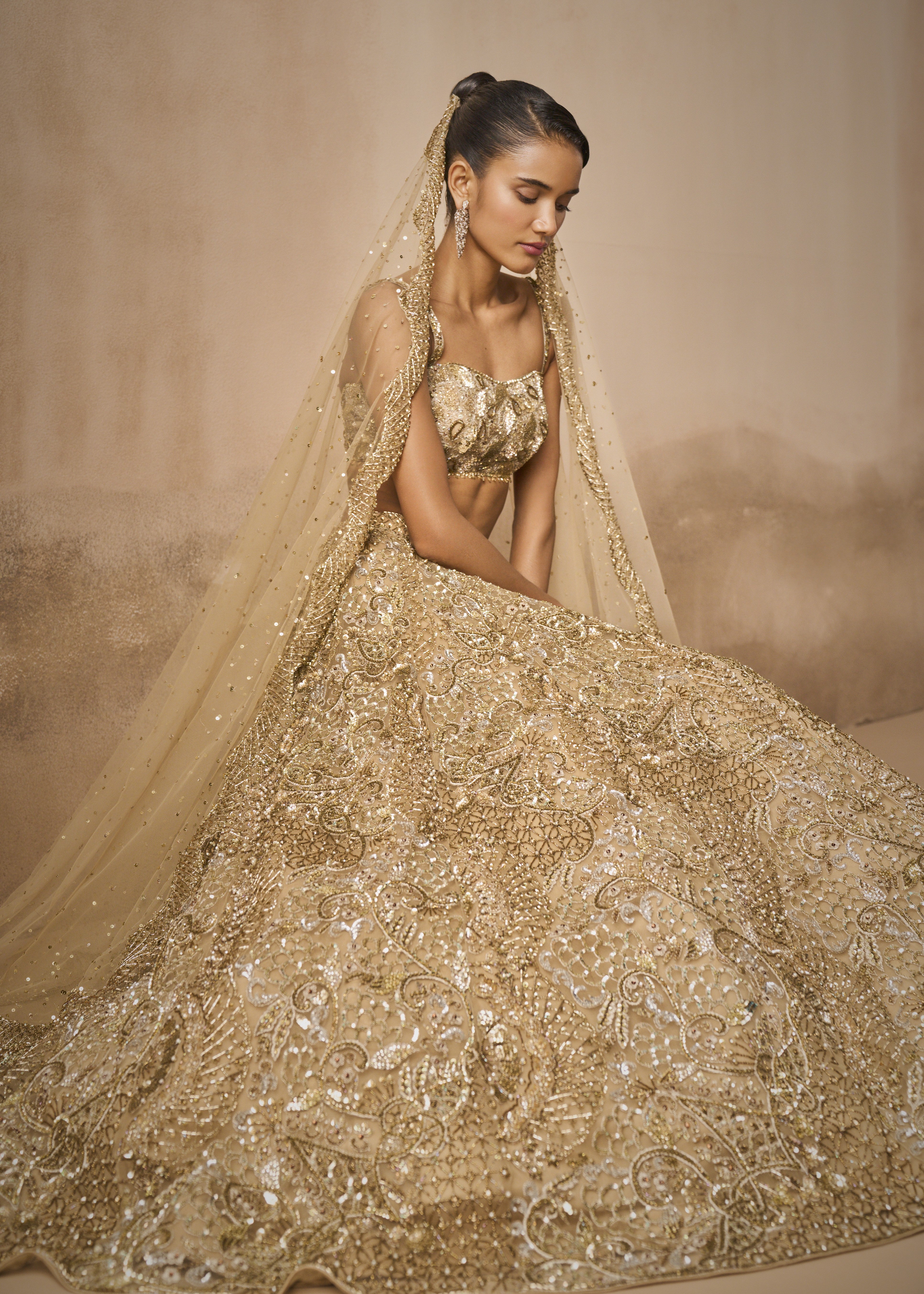 Beige Gold Tulle Sparkle Lehenga Set