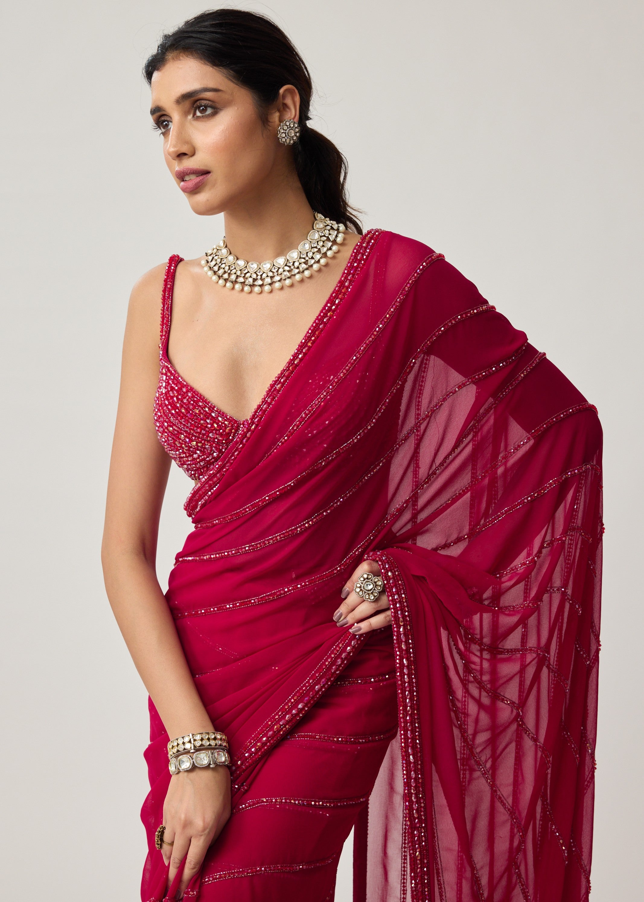 Ruby Red Crystal Sari Set