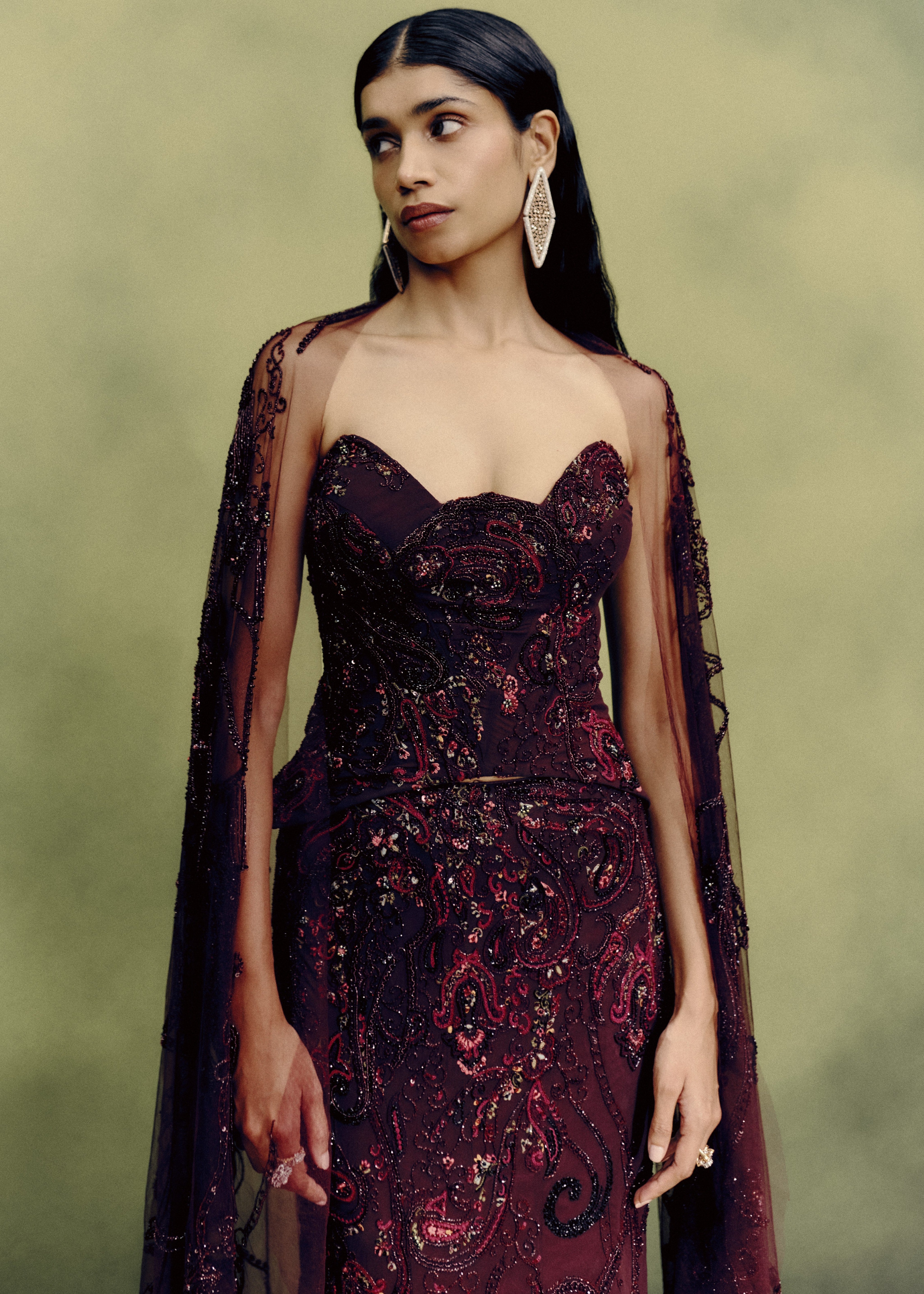 Gilded Carmine Corset & Skirt Set With Cape Drape