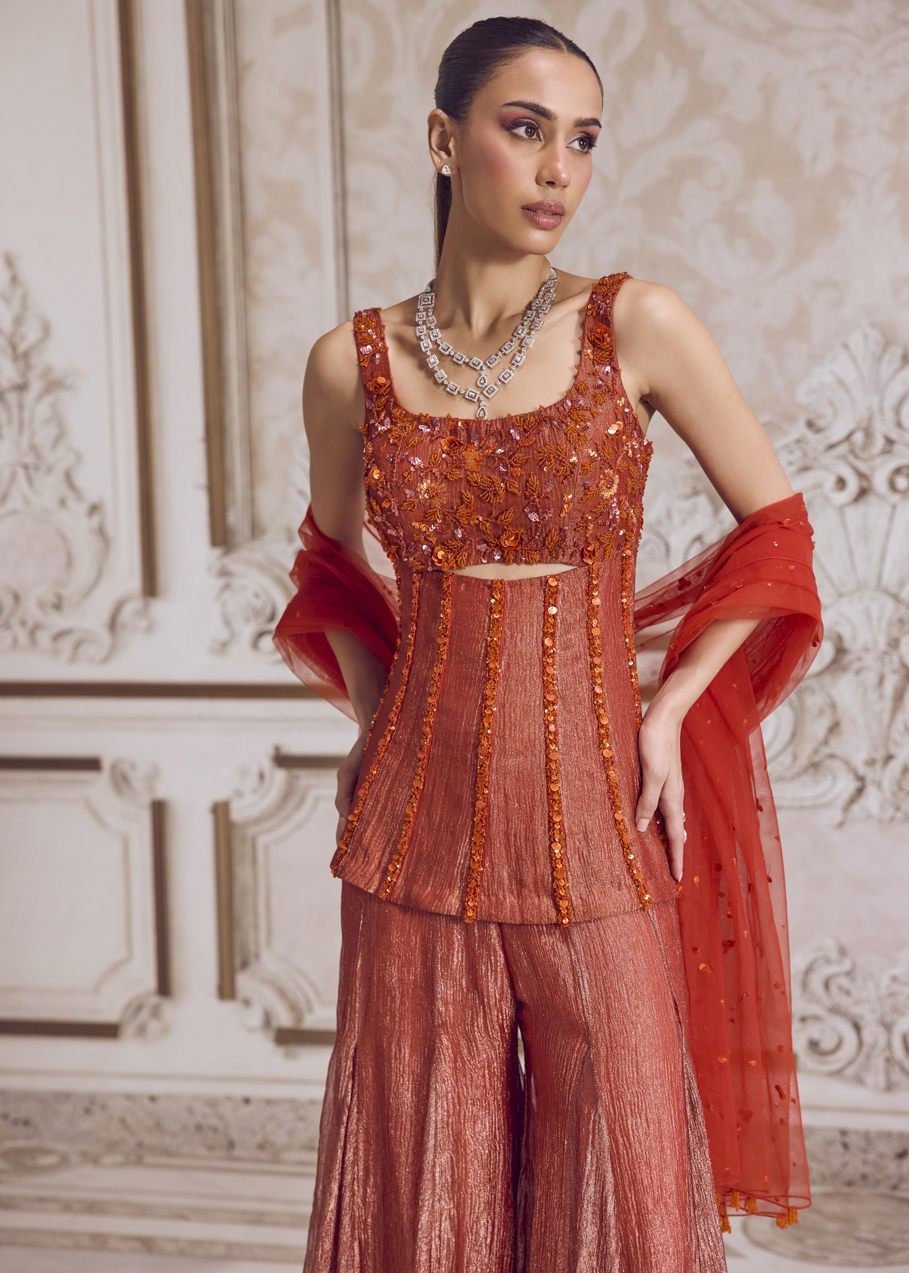 Rust Crushed Tissue Corset And Sharara
