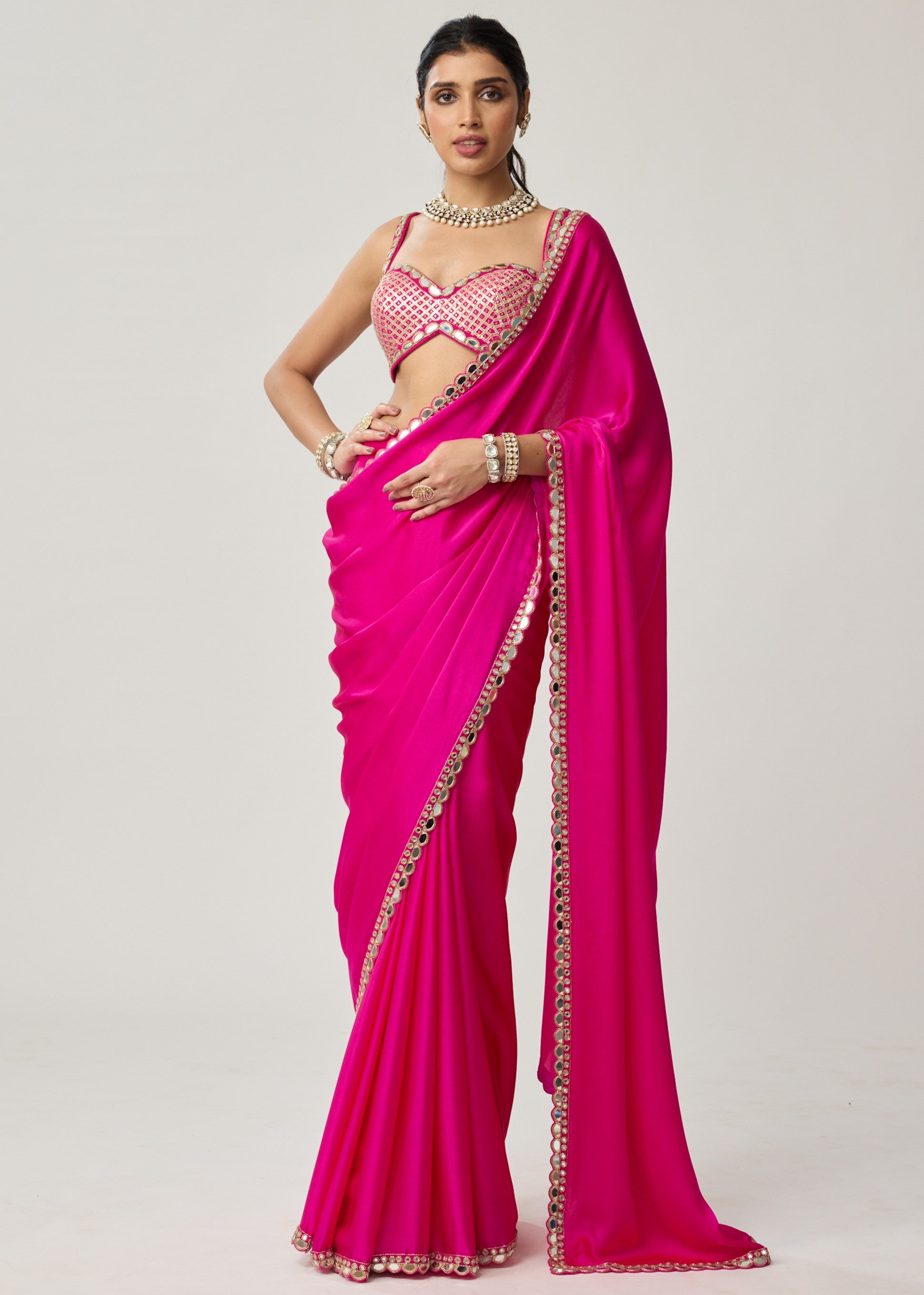 Fuchsia Pink Gota Mirror Sari Set