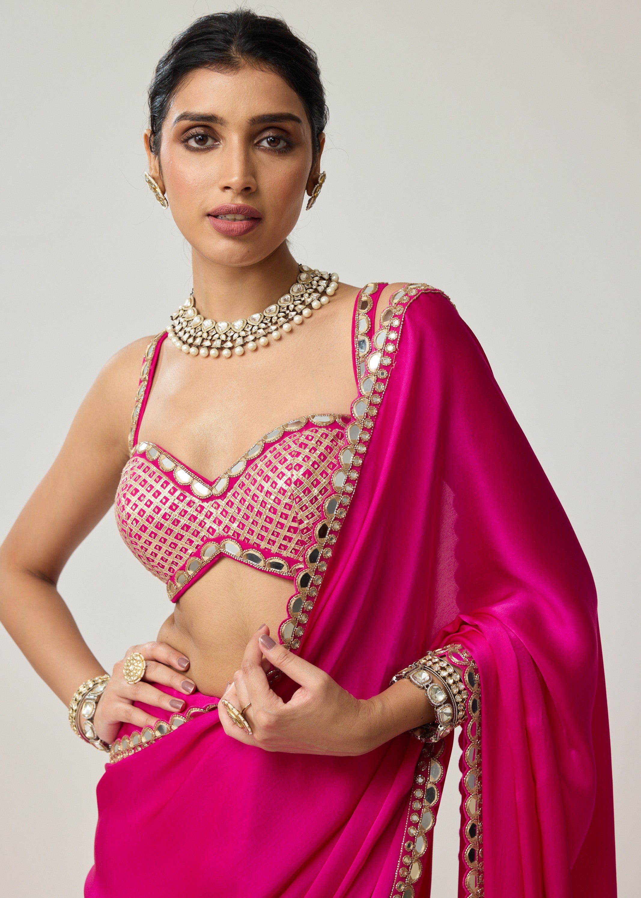 Fuchsia Pink Gota Mirror Sari Set