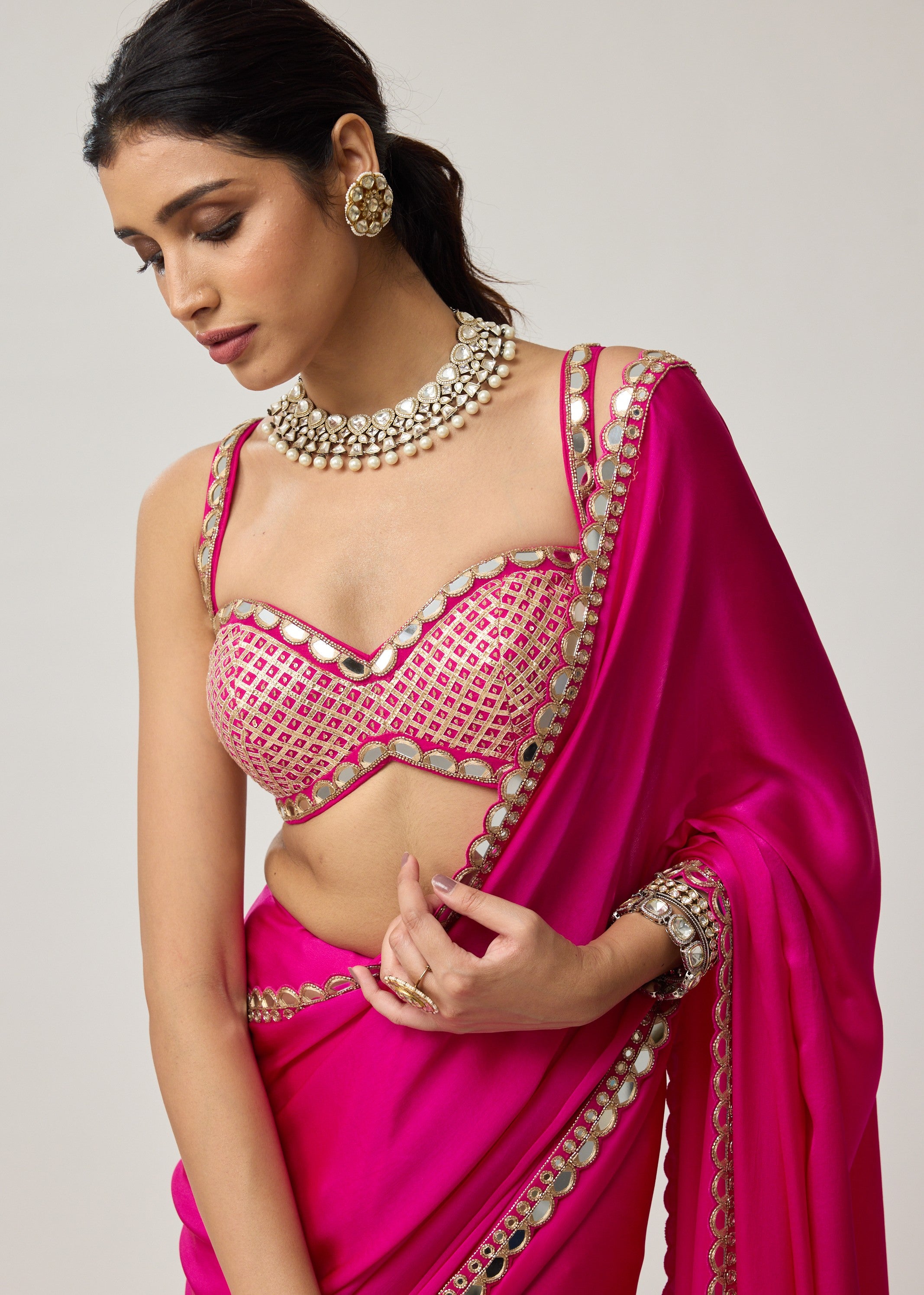 Fuchsia Pink Gota Mirror Sari Set