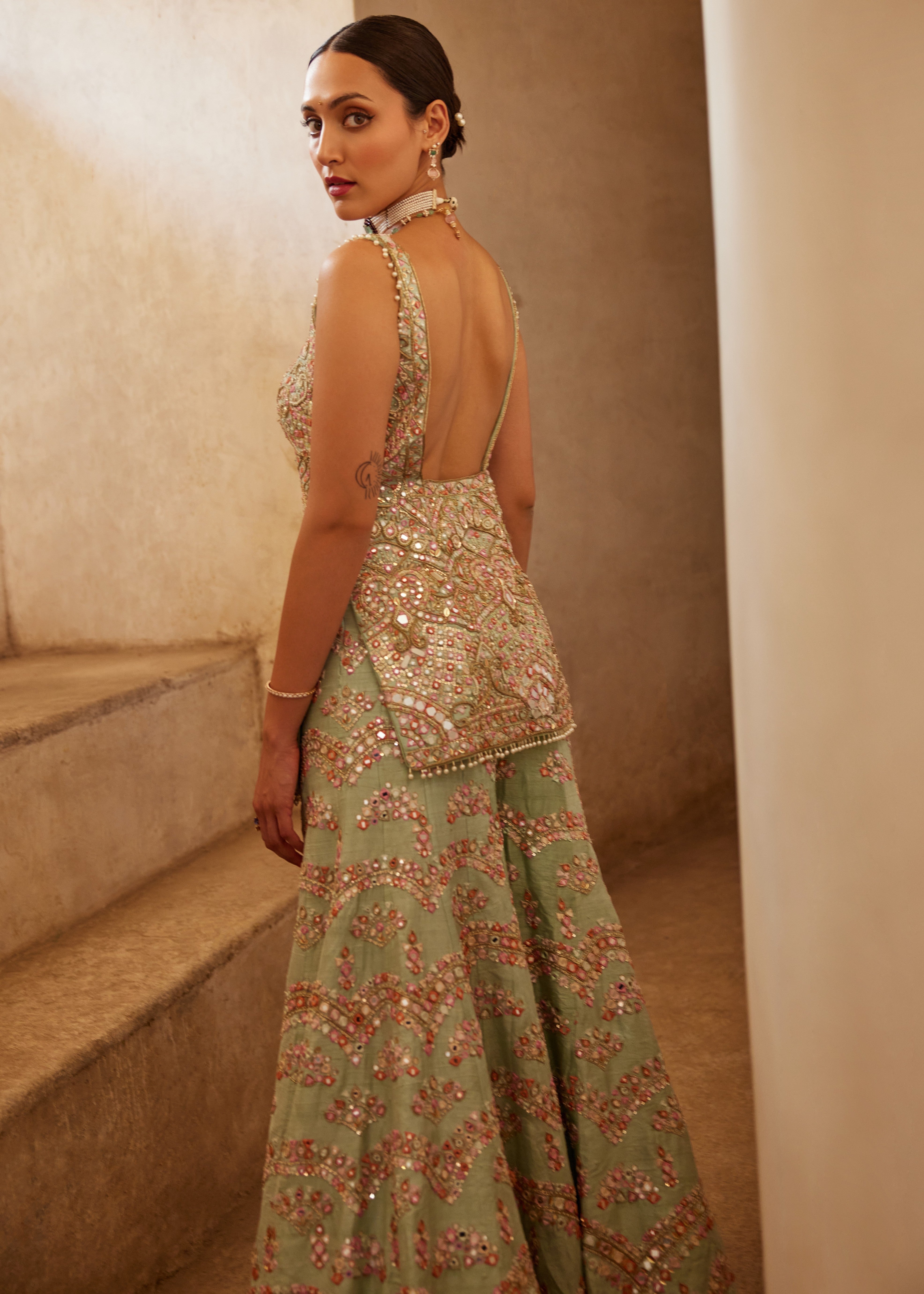 Sea Green Sleeveless Sharara Set
