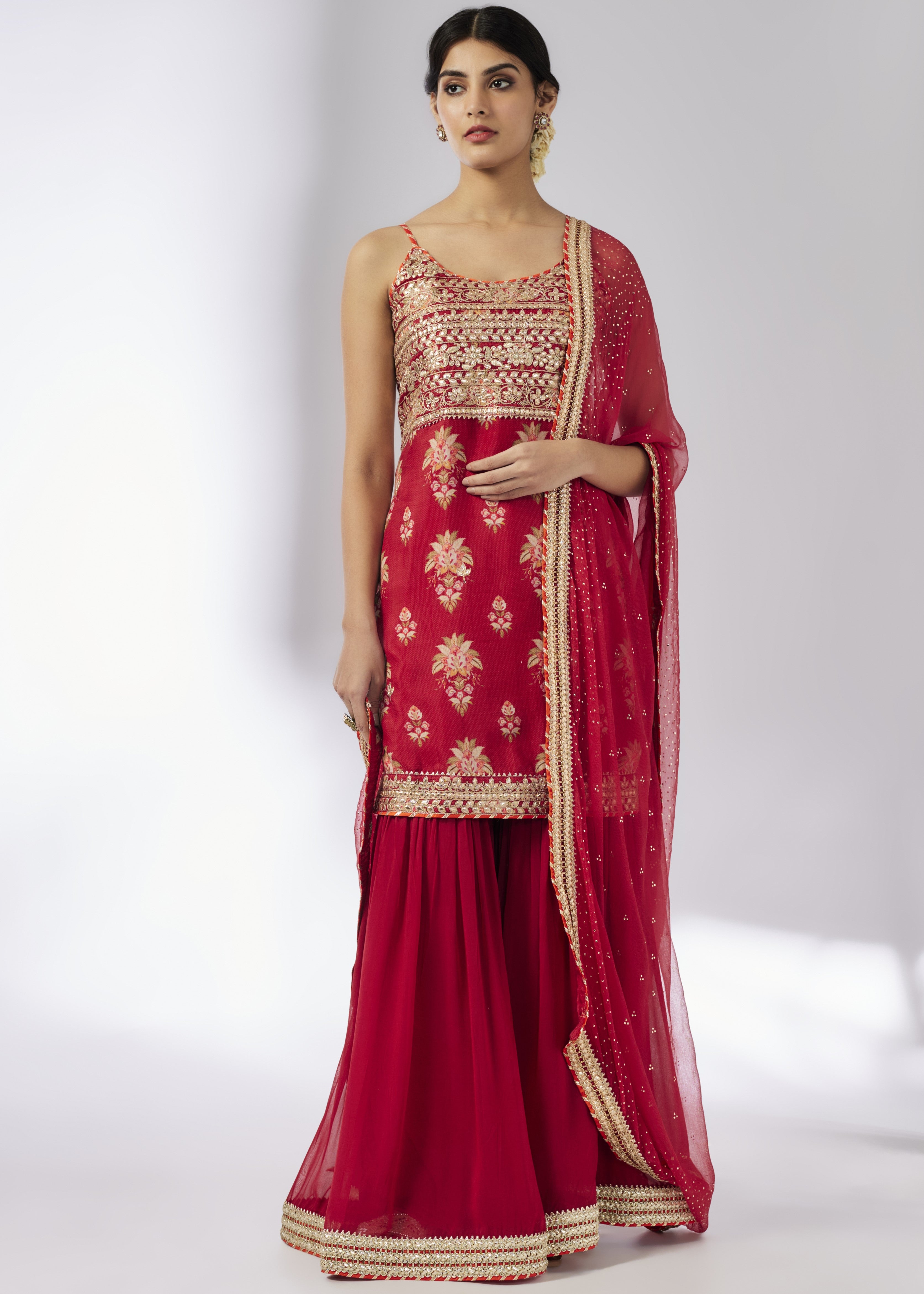 Red Chhaya Strappy Sharara Set