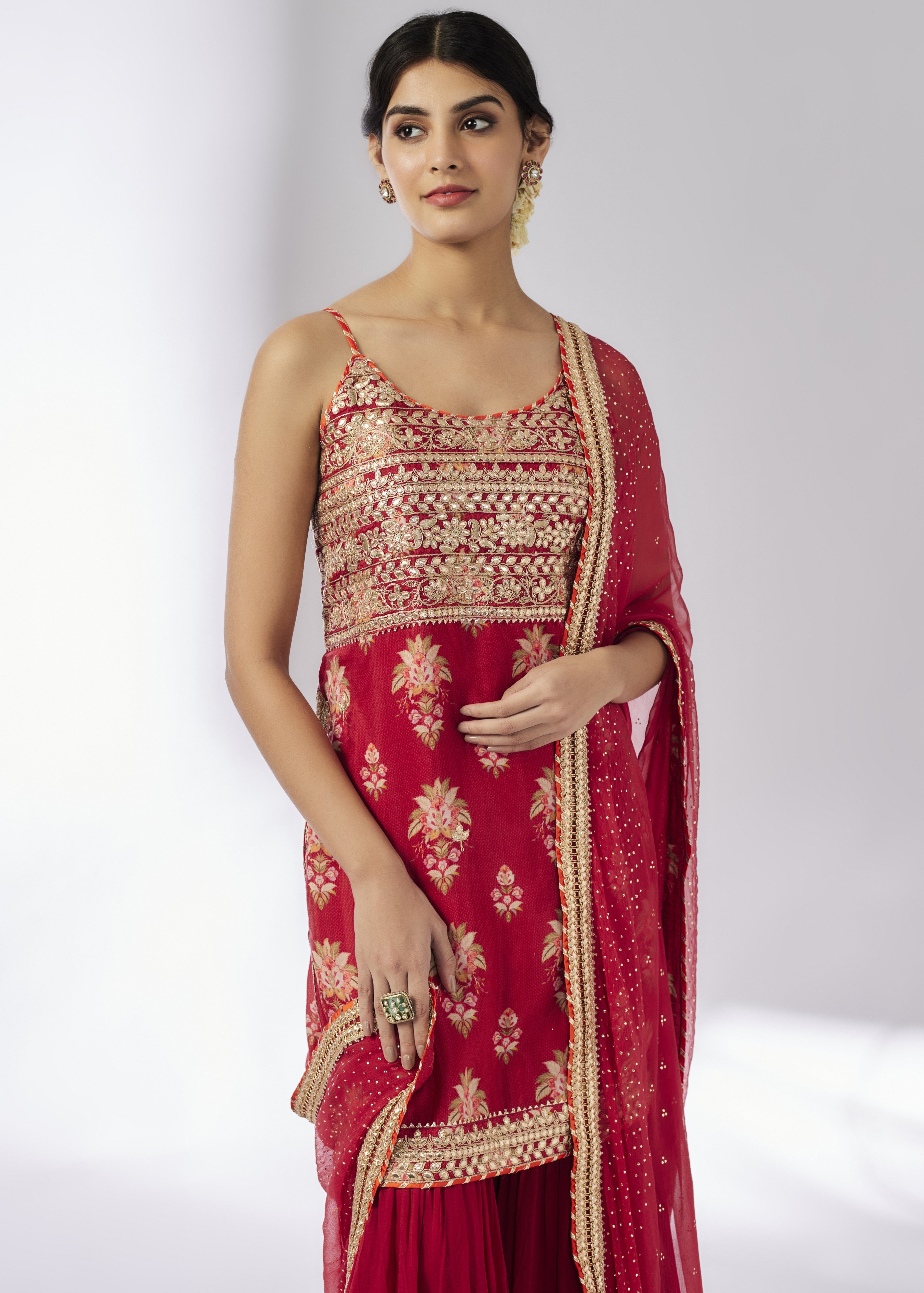 Red Chhaya Strappy Sharara Set