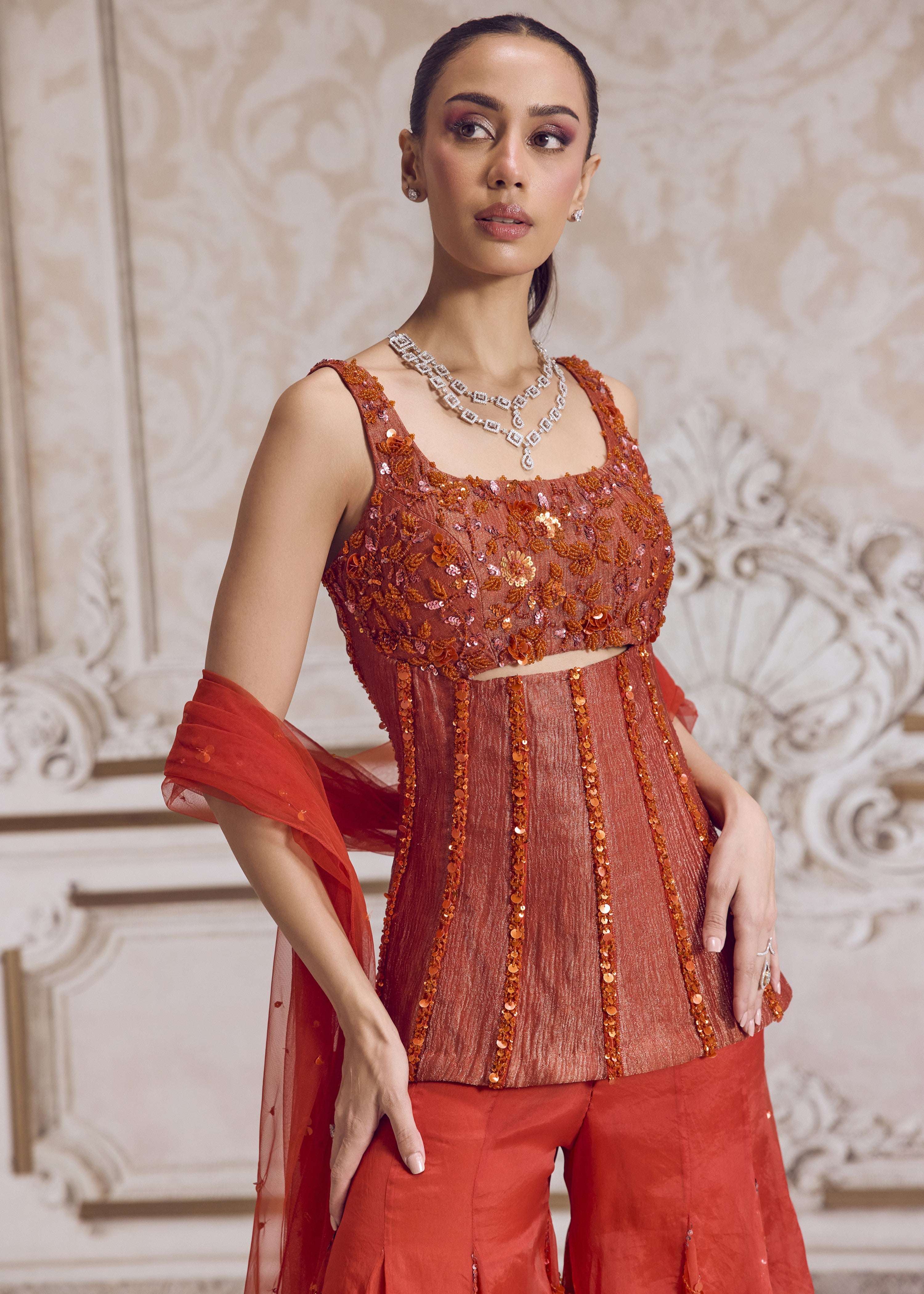 Rust Crushed Tissue Corset With Organza Sharara