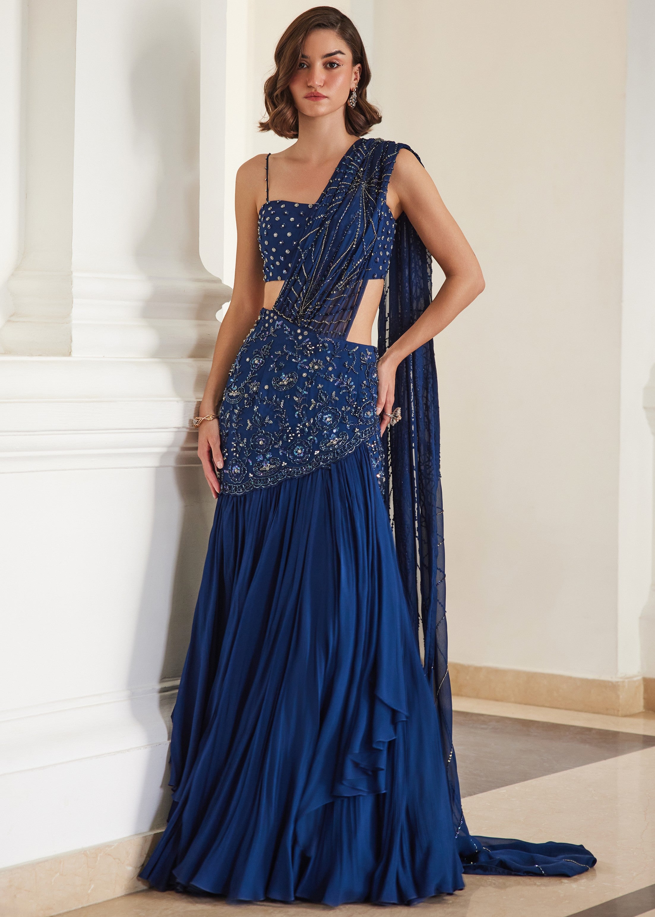 Teal Blue Sari With Bustier