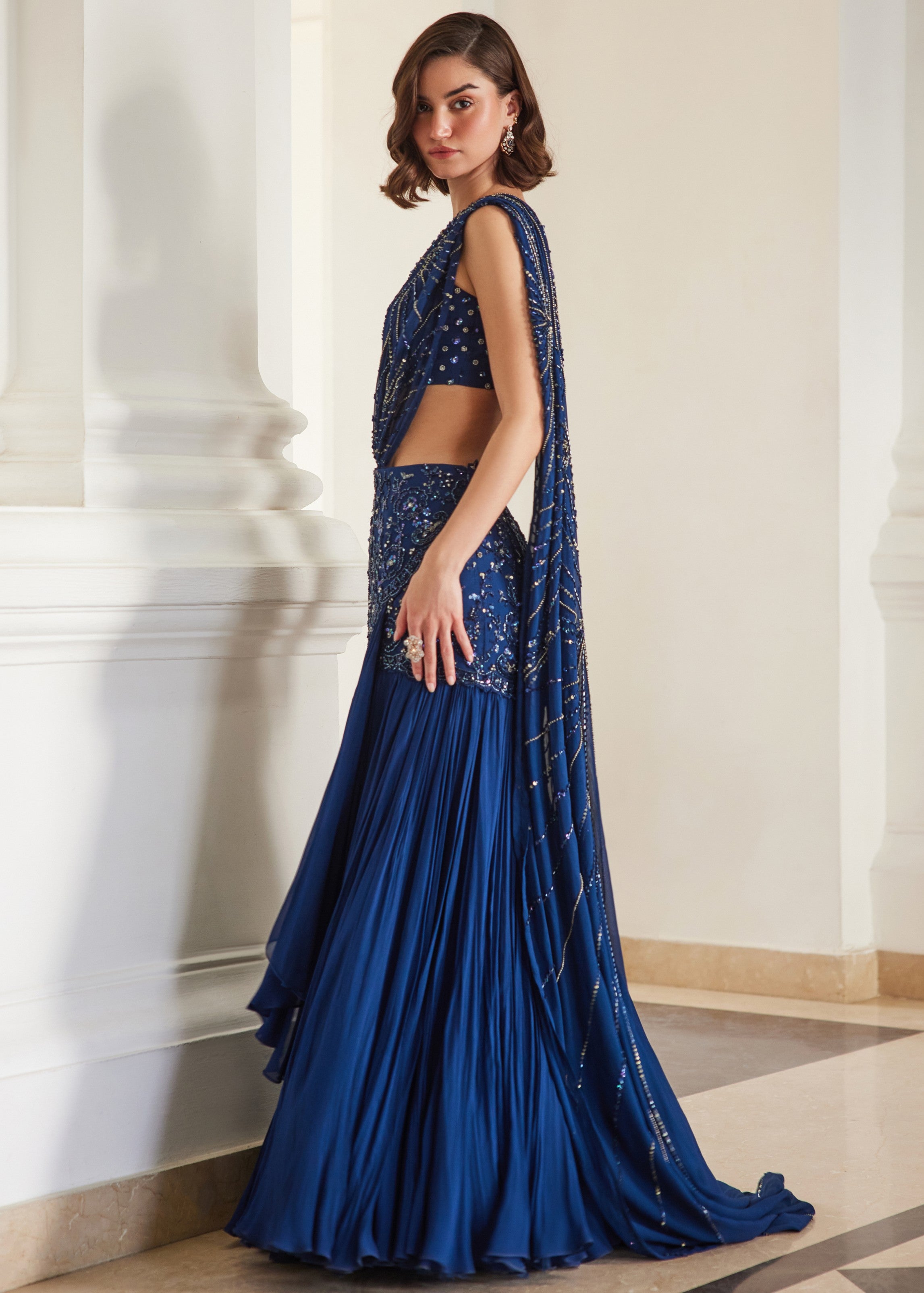 Teal Blue Sari With Bustier