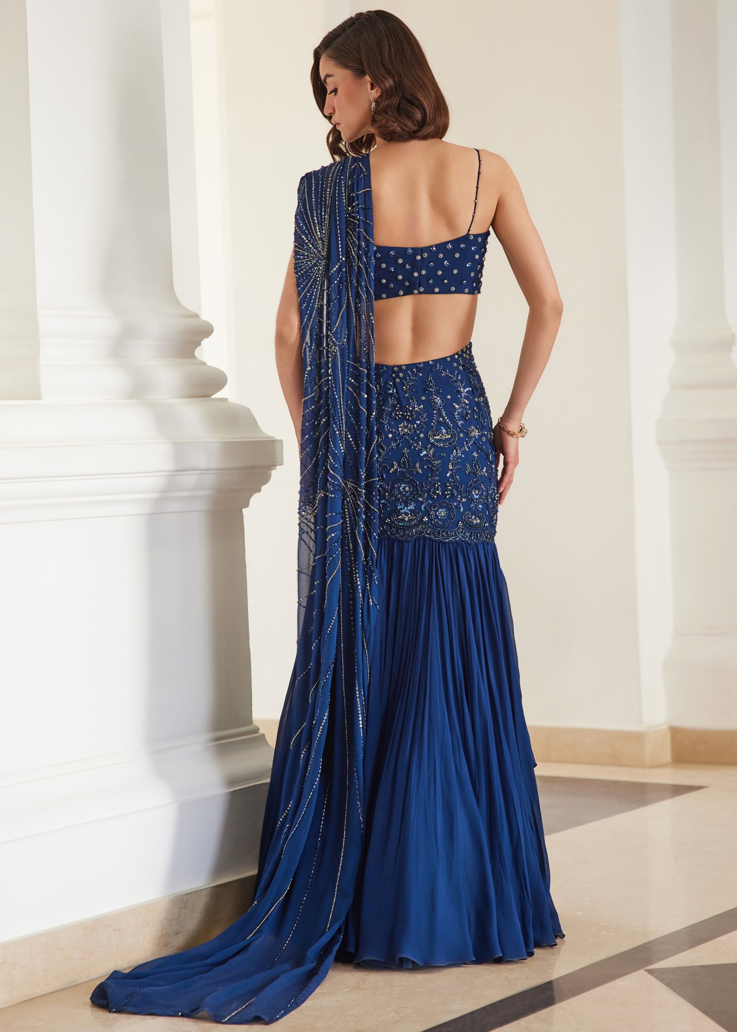 Teal Blue Sari With Bustier